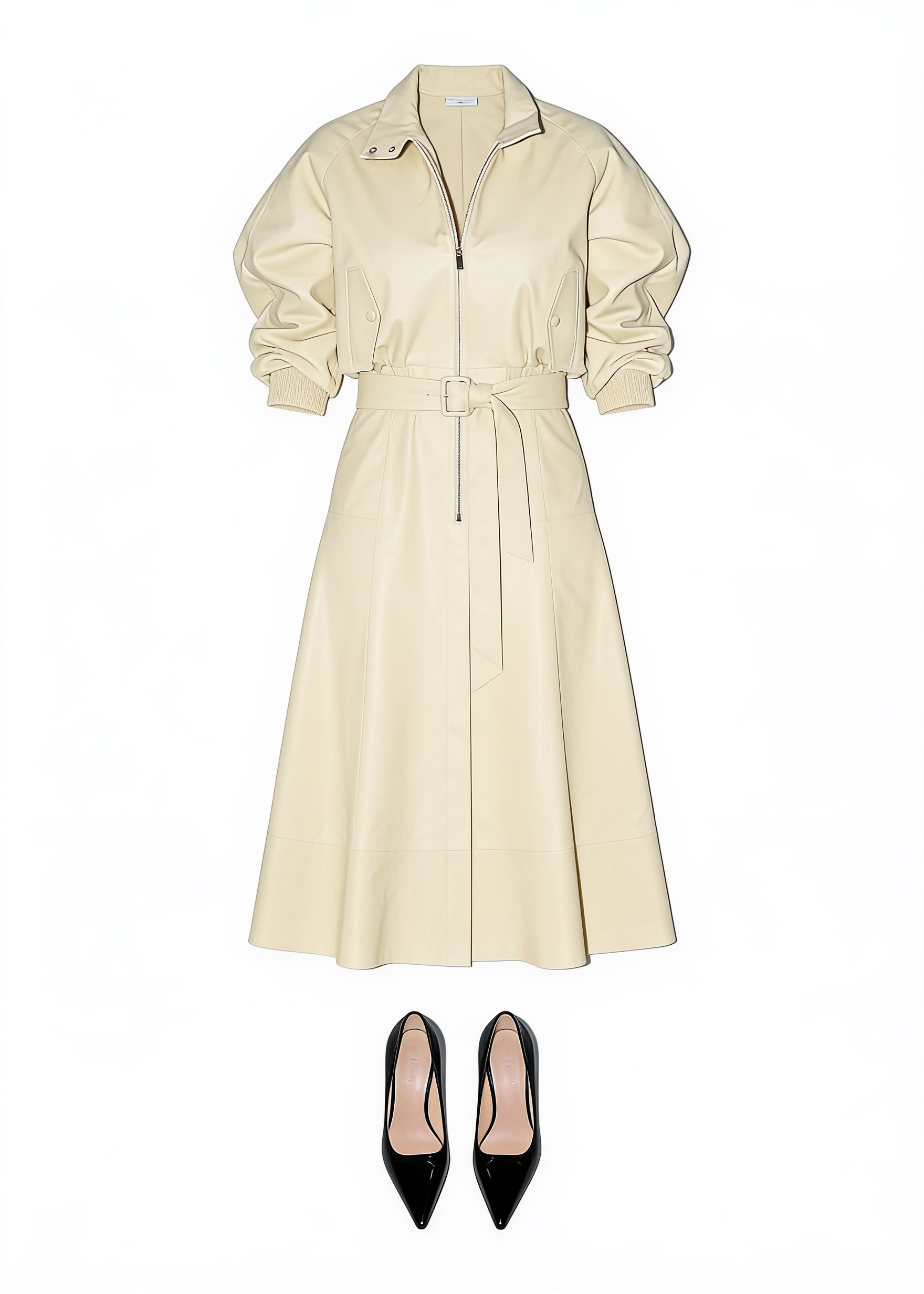 Cream belted shirt dress and black pumps