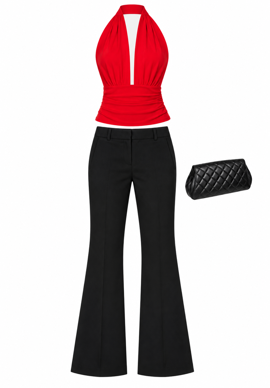 Red halter top and black flared trousers