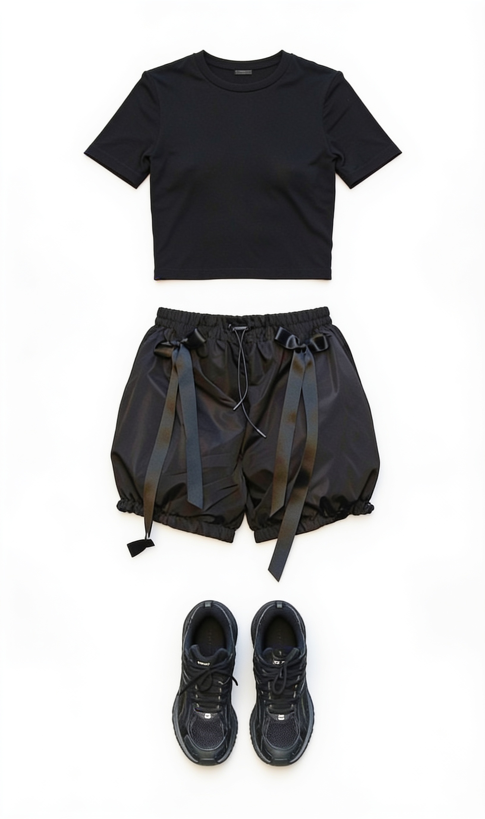 Black fitted tee and leather mini skirt