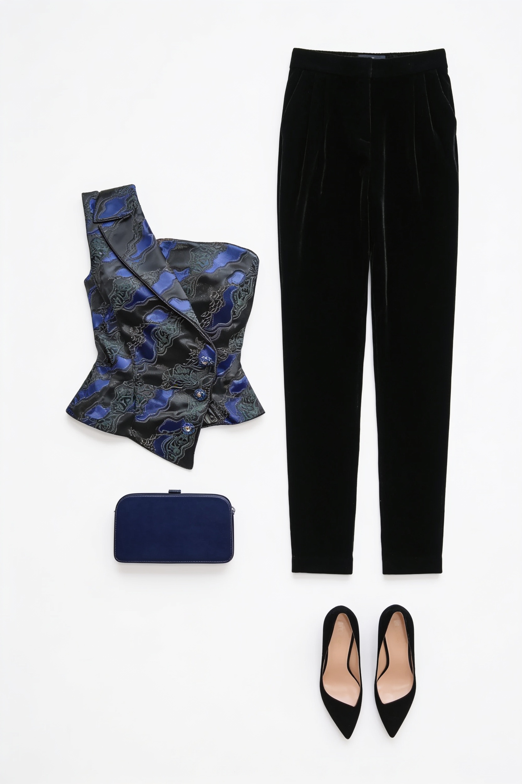 Blue asymmetric top and black tapered trousers