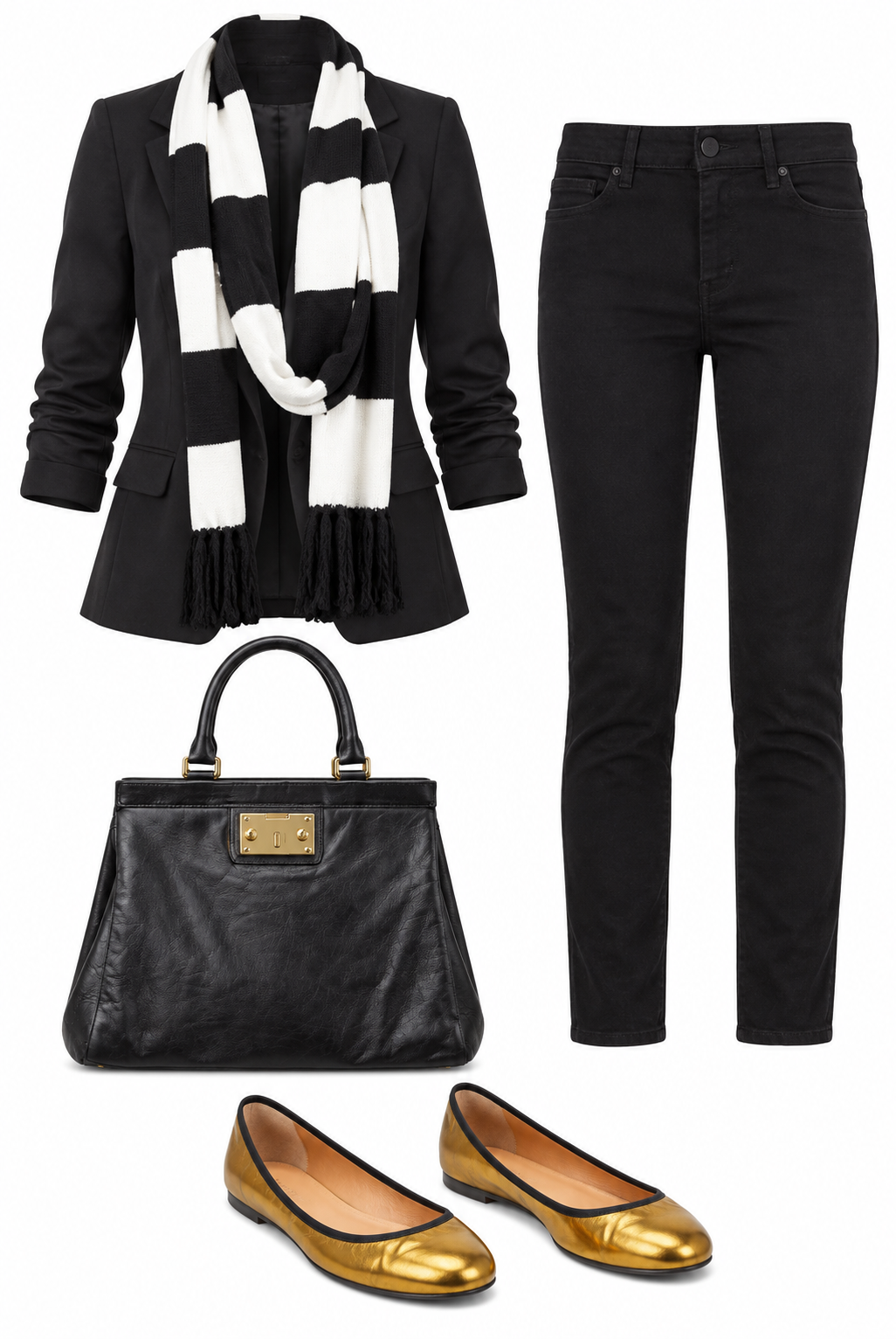 Black blazer and jeans with striped scarf