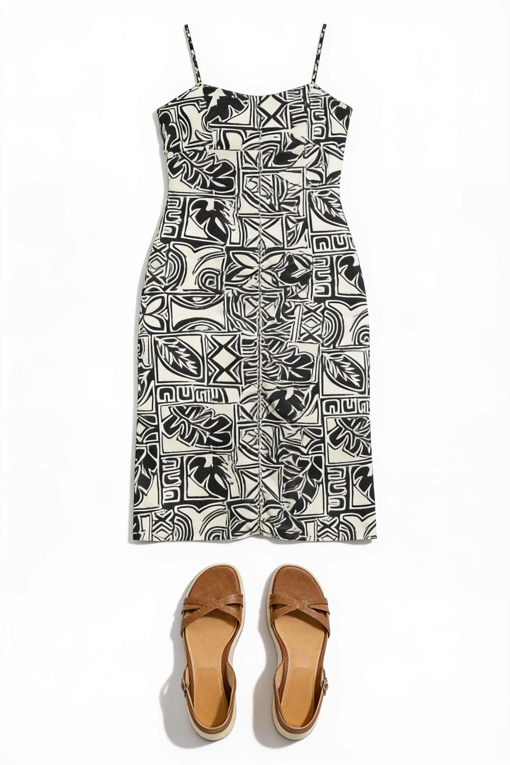 Black and white patterned strapless midi dress