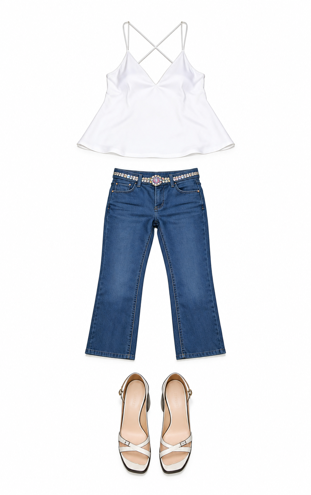 White backless camisole and dark blue jeans