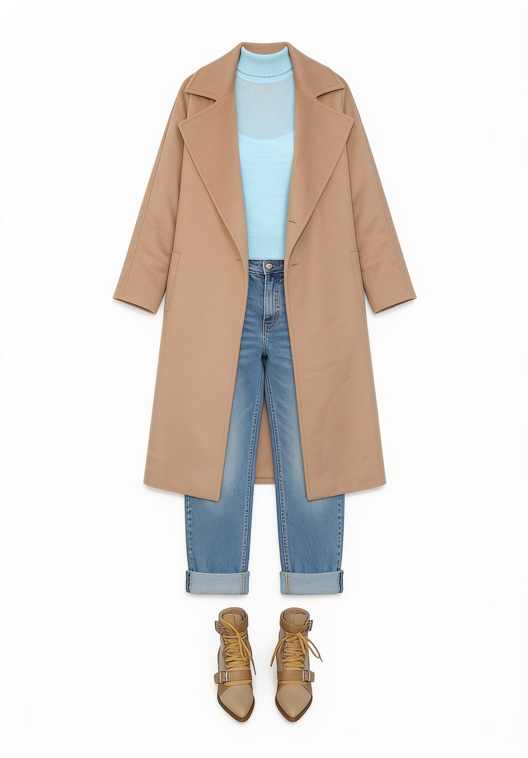 Camel coat and pale blue knit top