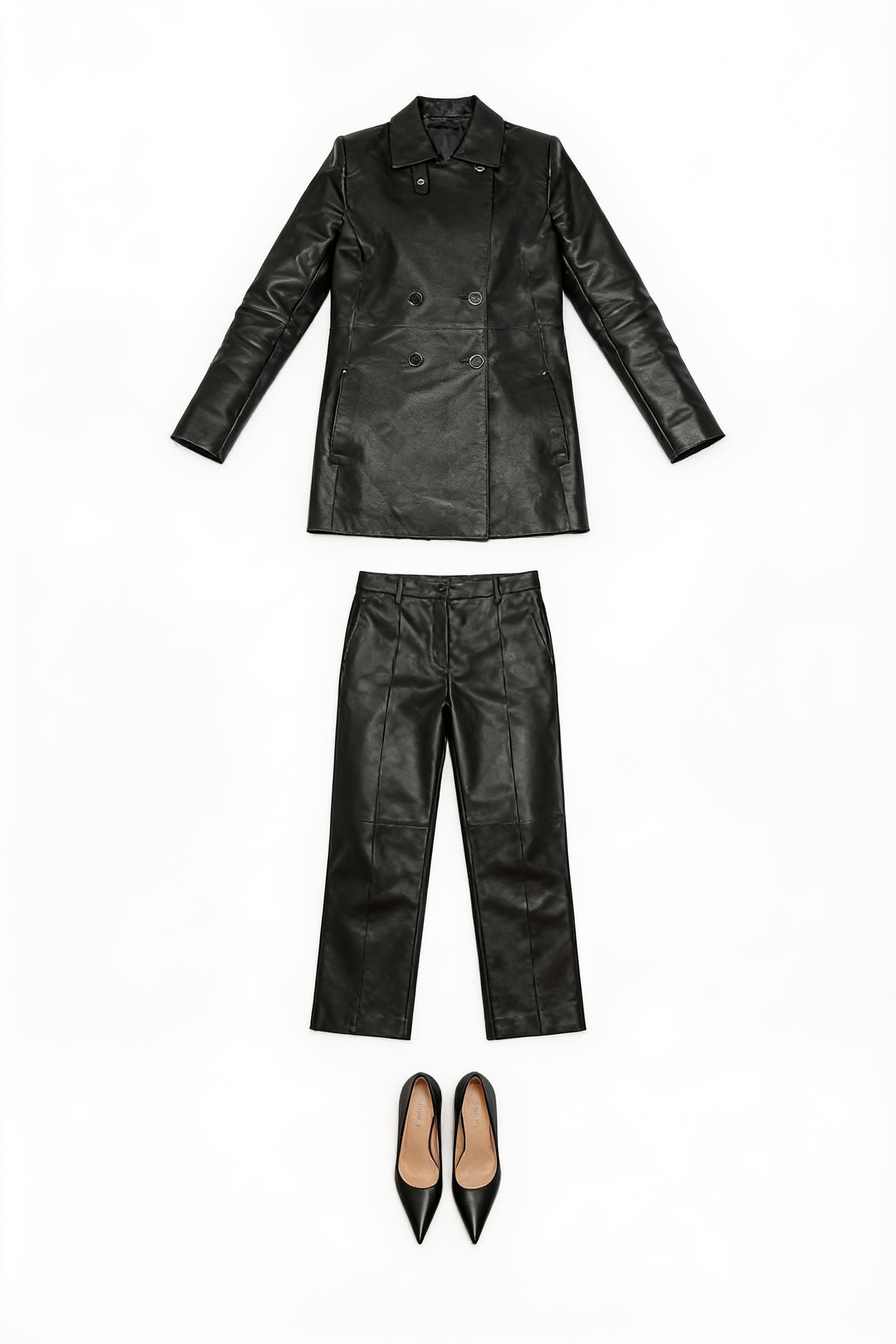 Black leather longline jacket and cropped trousers