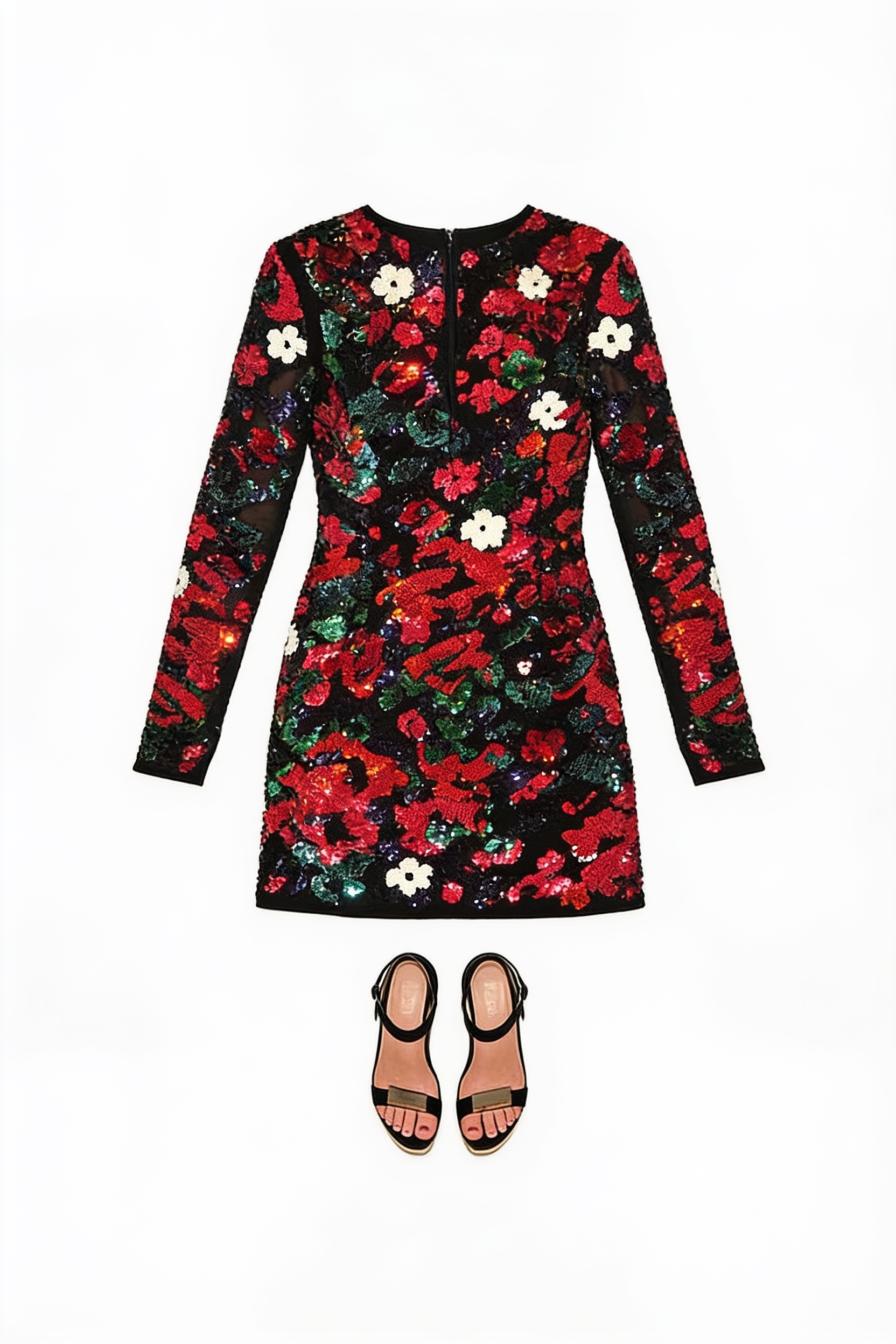 Black floral mini dress and strappy heels