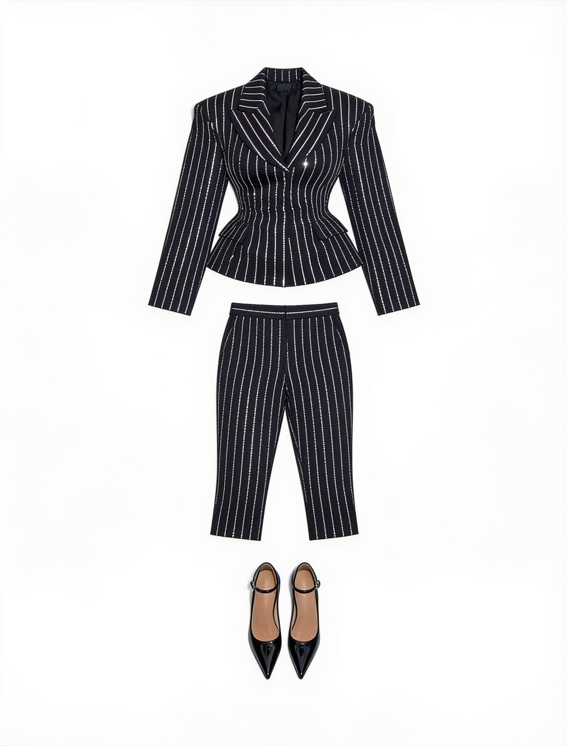 Navy pinstripe blazer and cropped trousers