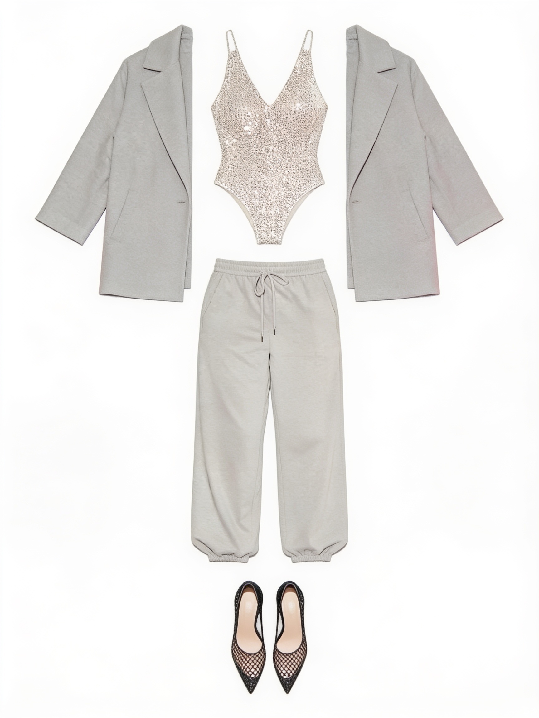 Grey embellished halter top and tailored trousers