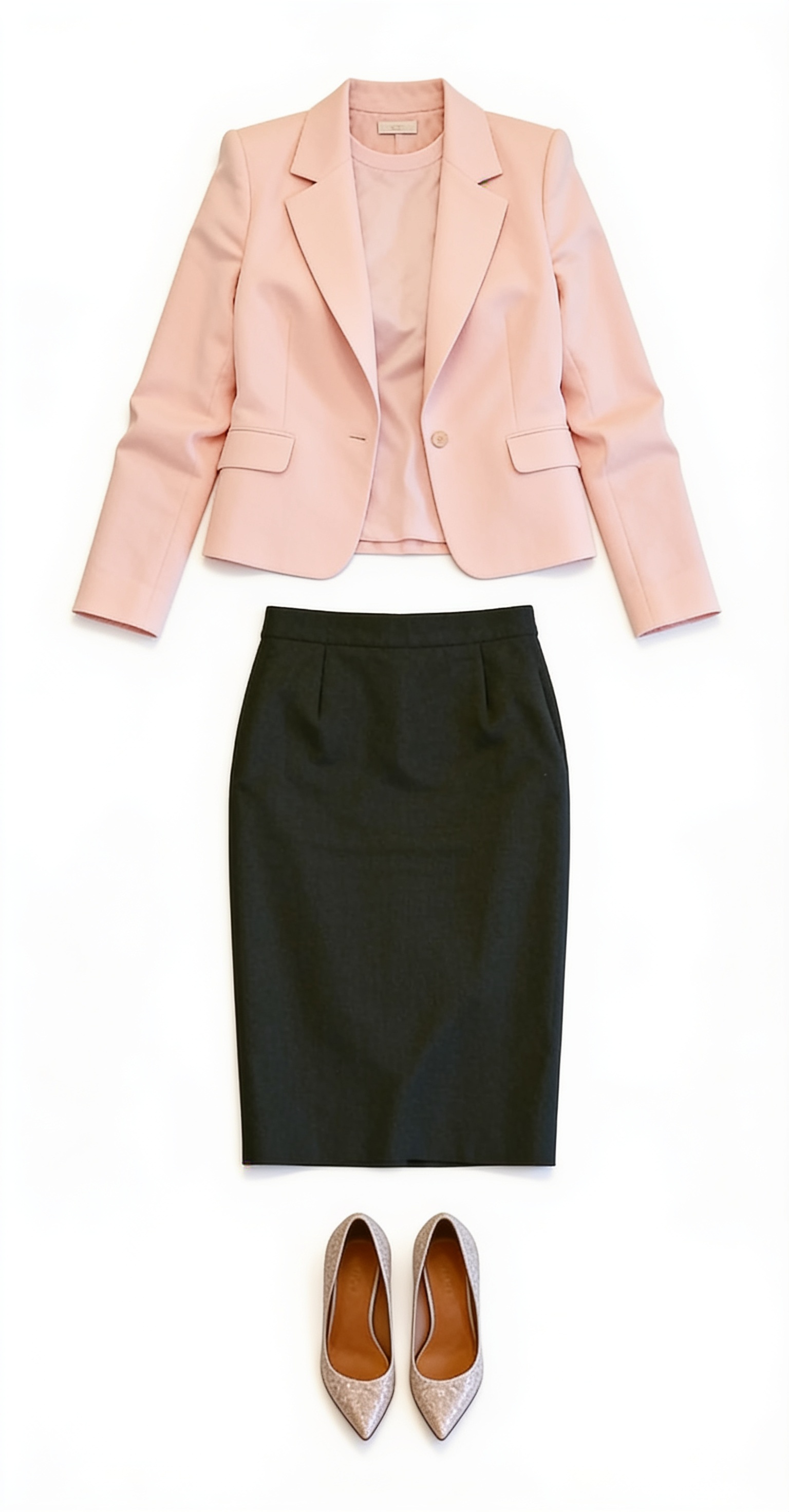 Blush blazer, white top and olive pencil skirt