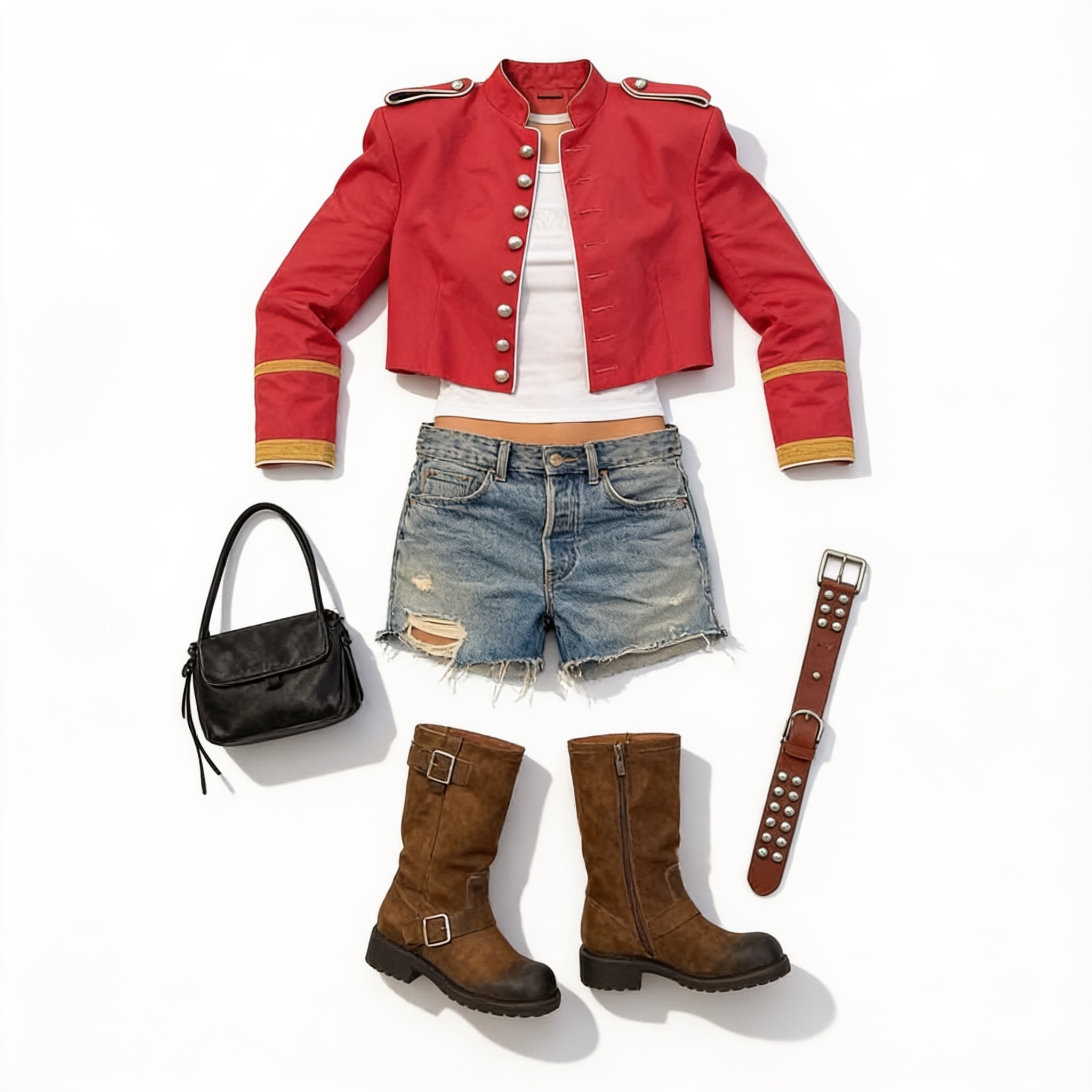 Red military jacket and denim shorts