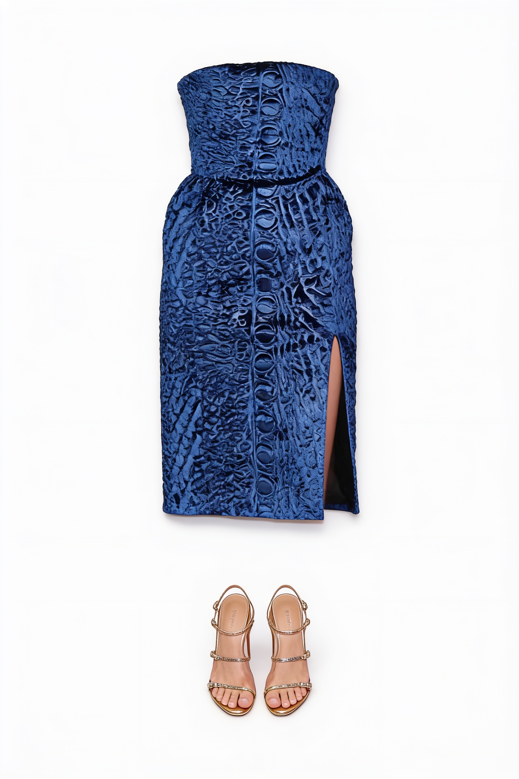 Blue strapless textured midi dress and gold sandals