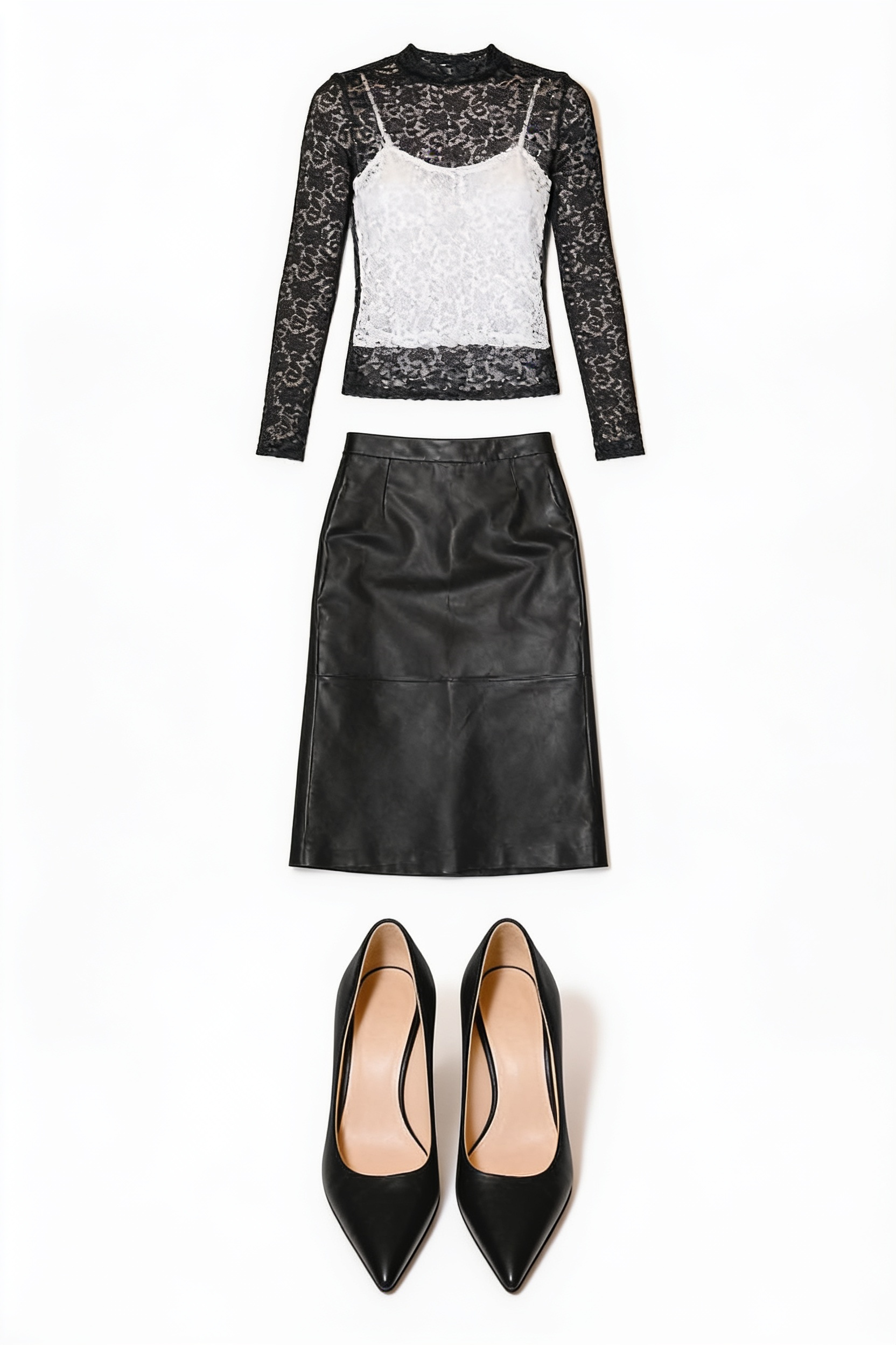 Black lace blouse and leather skirt