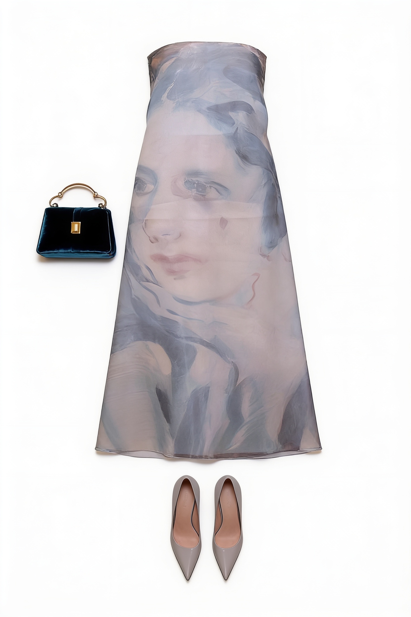 Strapless portrait-print midi dress