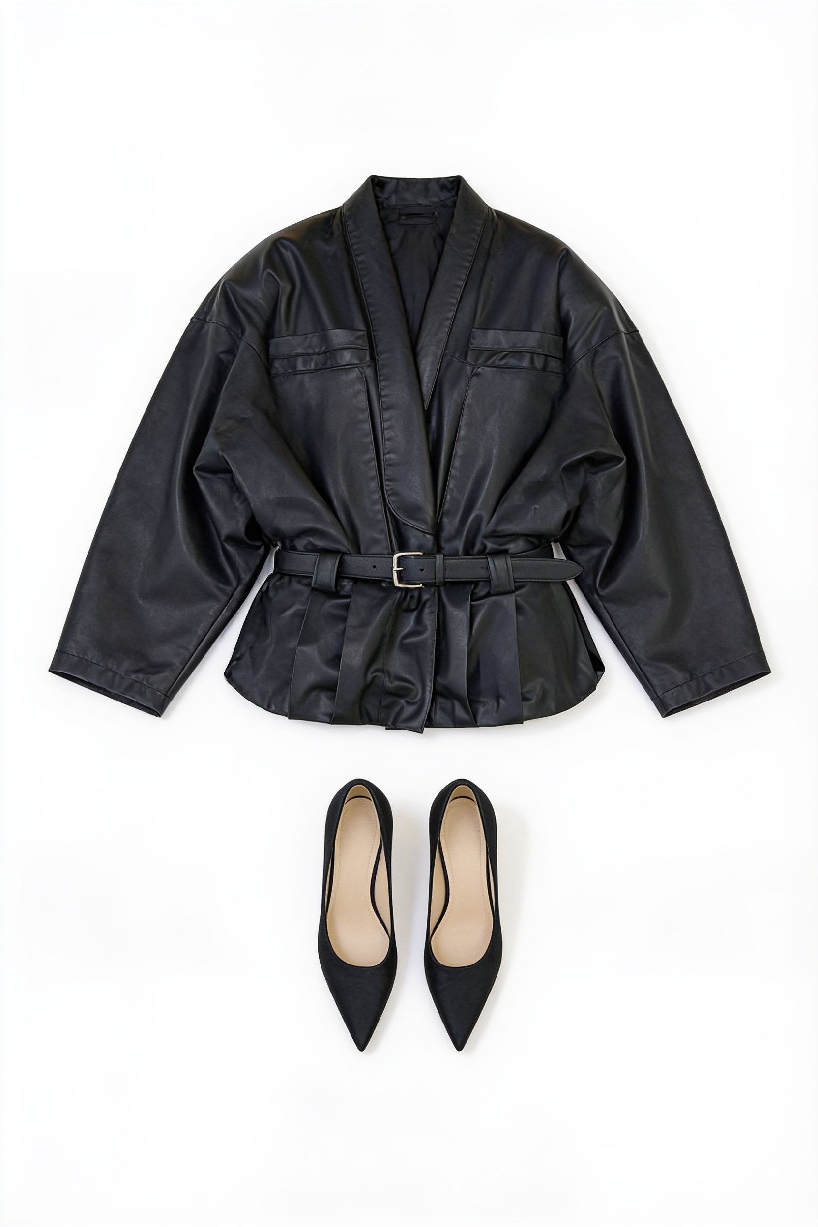 Black belted leather jacket and pointed pumps