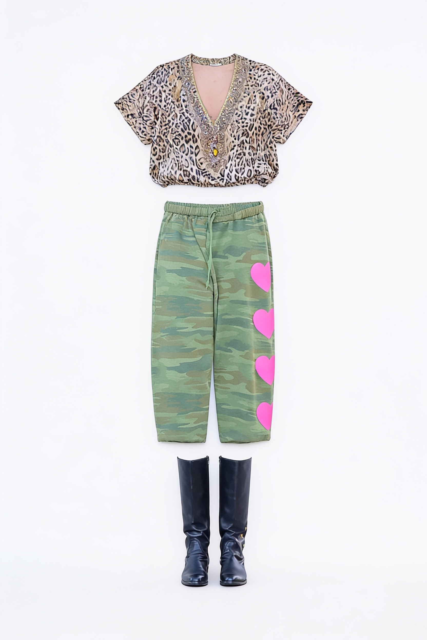 Leopard top and pink-heart camouflage trousers
