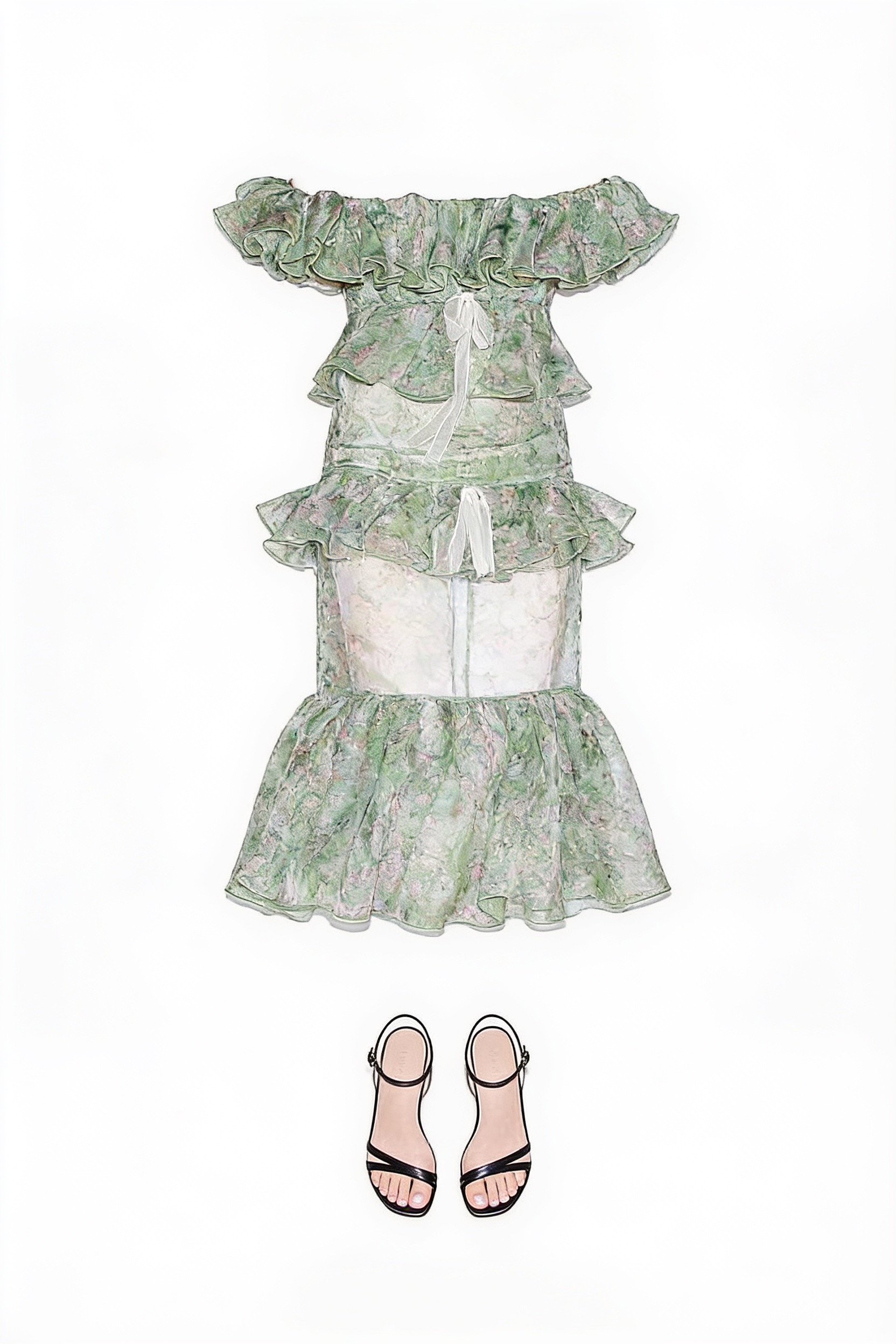 Green floral off-shoulder ruffled midi dress
