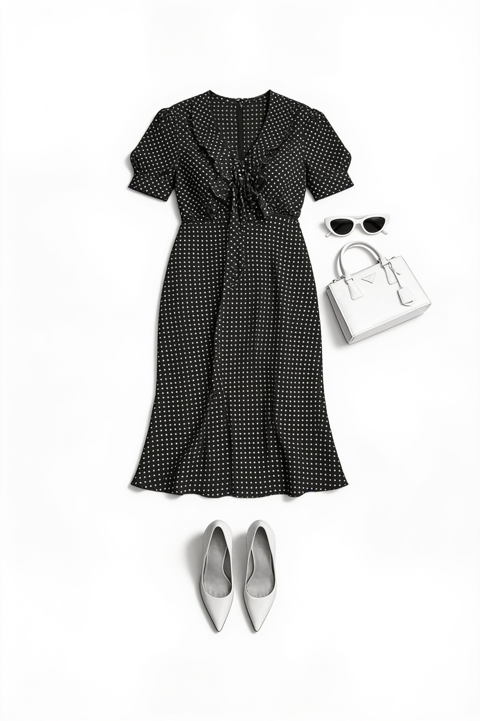 Black patterned midi dress and white handbag