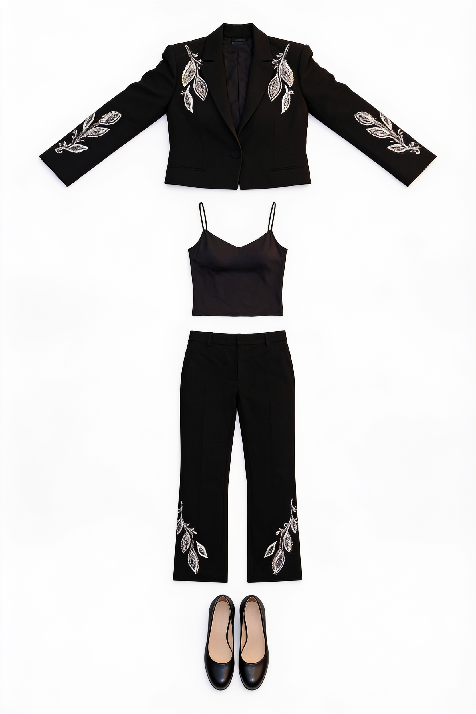 Black embroidered blazer and flared trousers