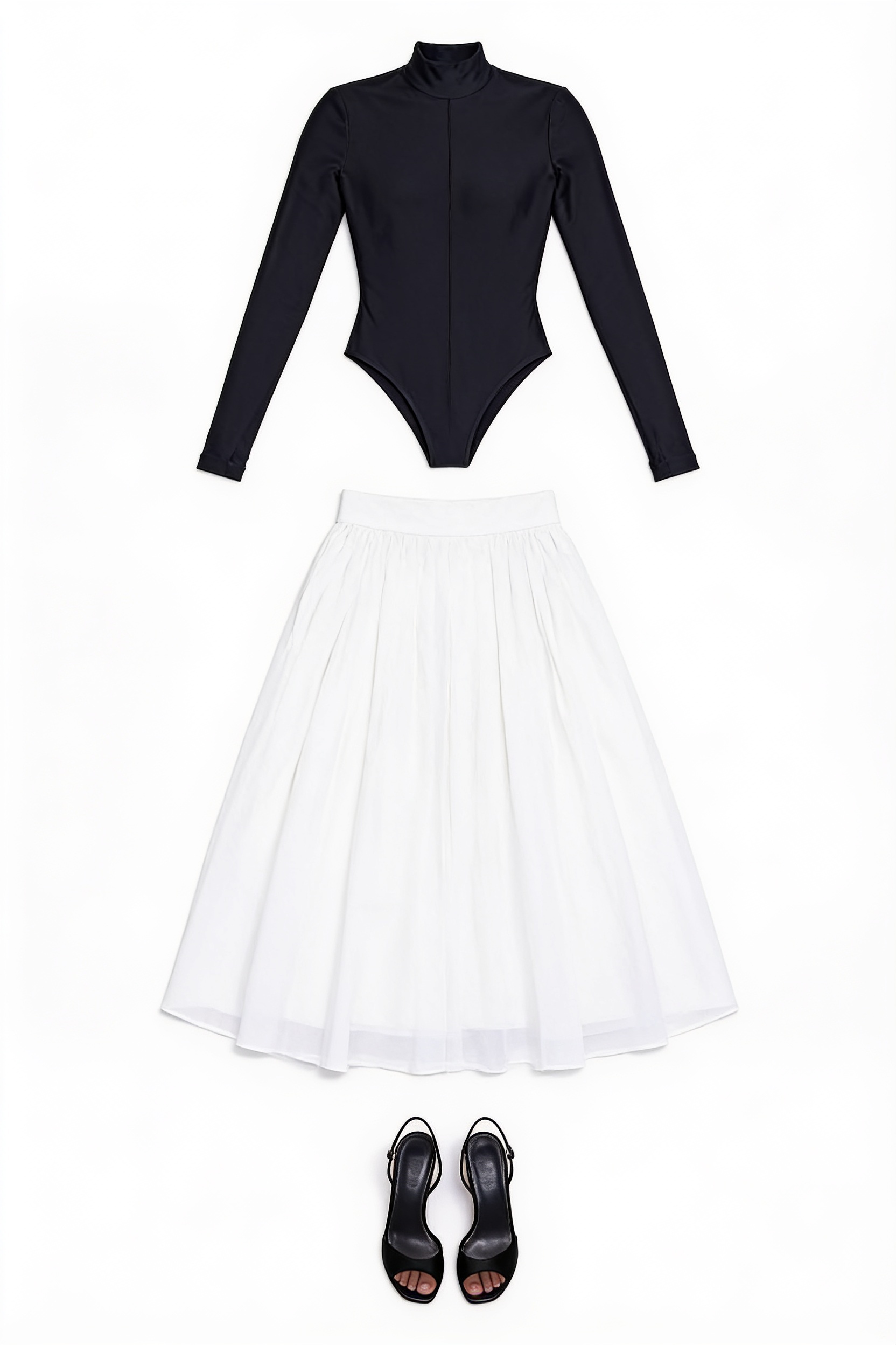 Black fitted top and white gathered midi skirt