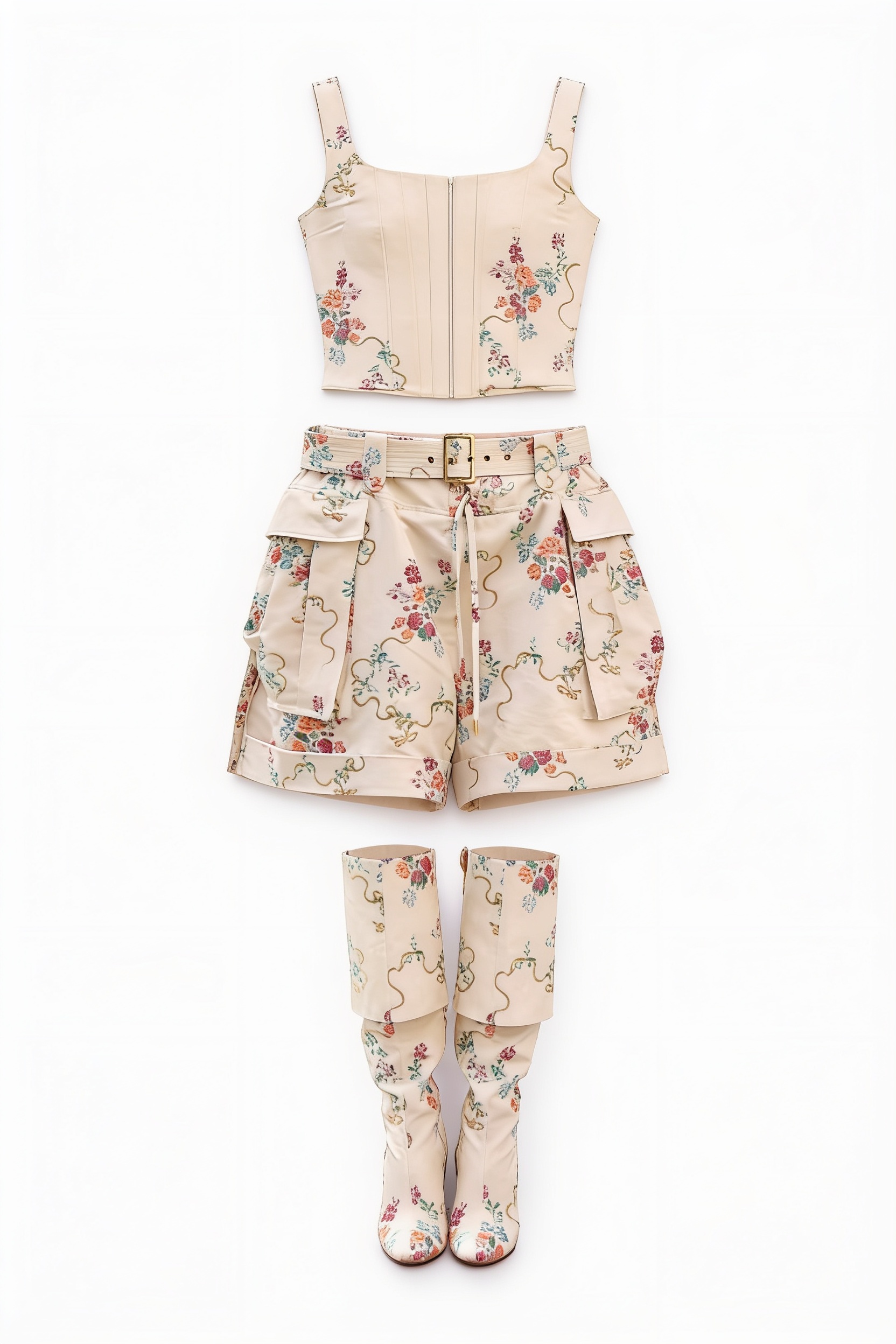 Floral corset, mini skirt and matching boots