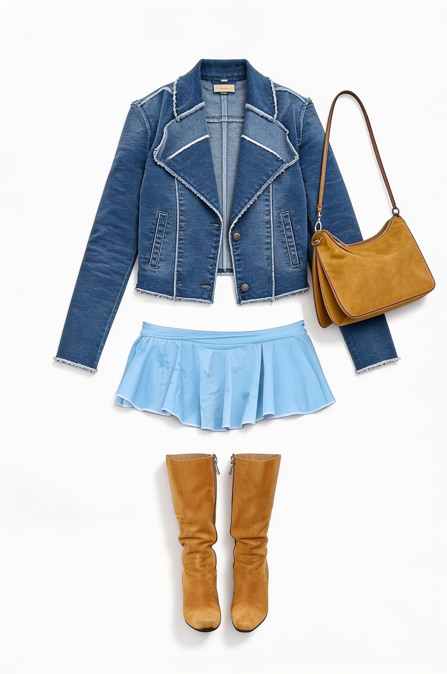Denim jacket and blue pleated mini skirt