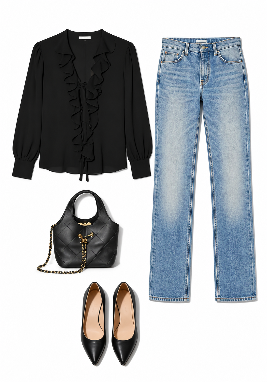 Black ruffled blouse and straight-leg blue jeans