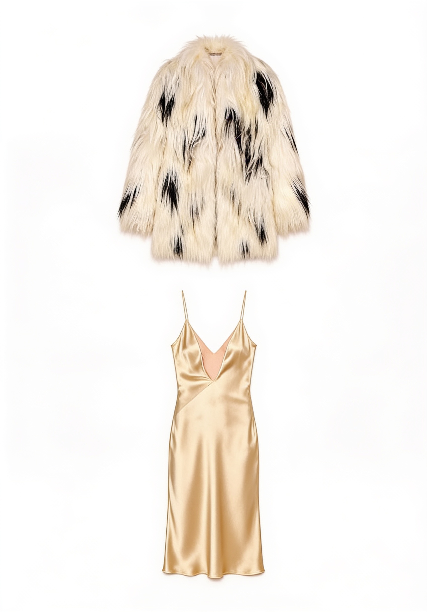 Champagne slip dress and shaggy two-tone coat