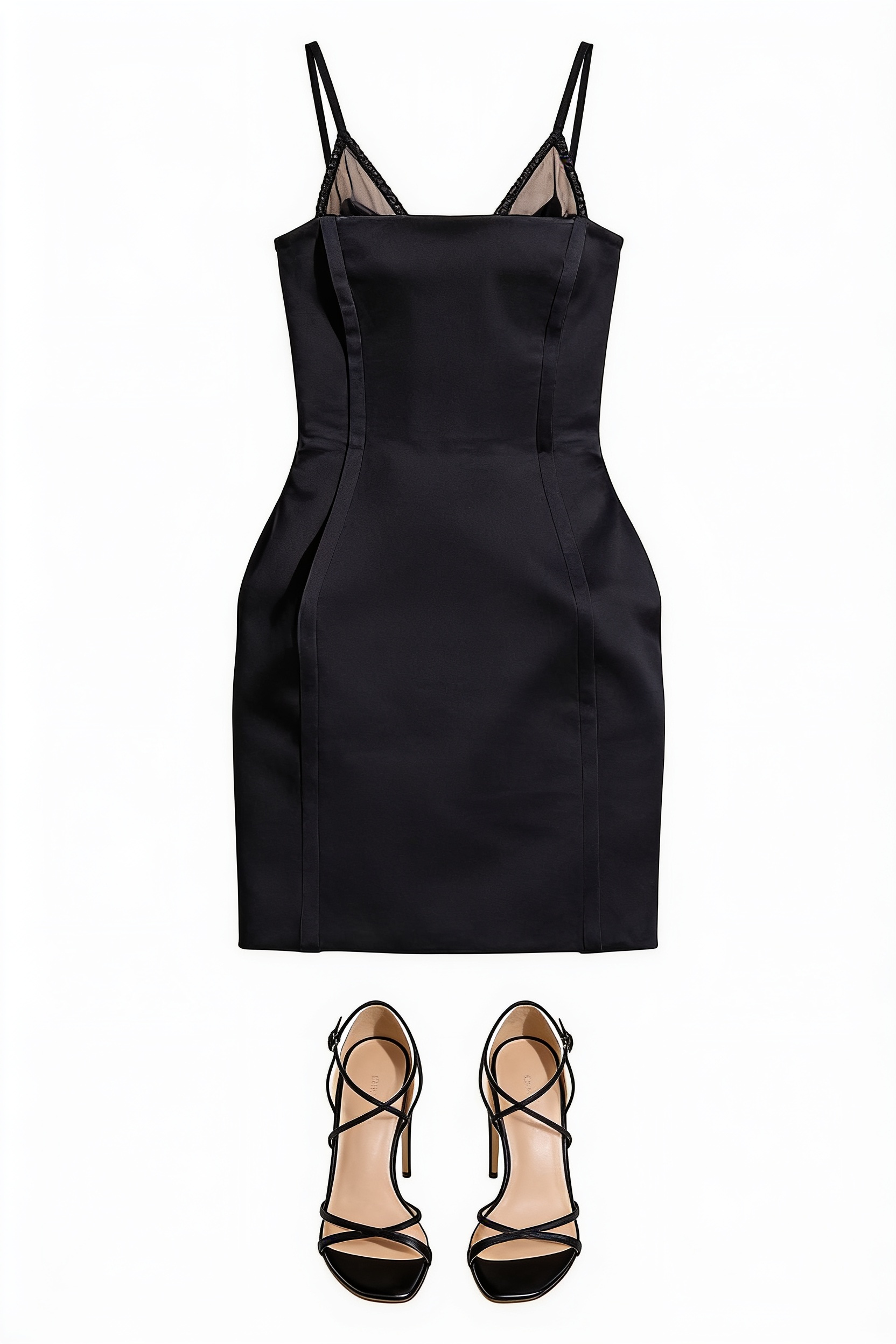 Black slip mini dress and ankle-strap heels