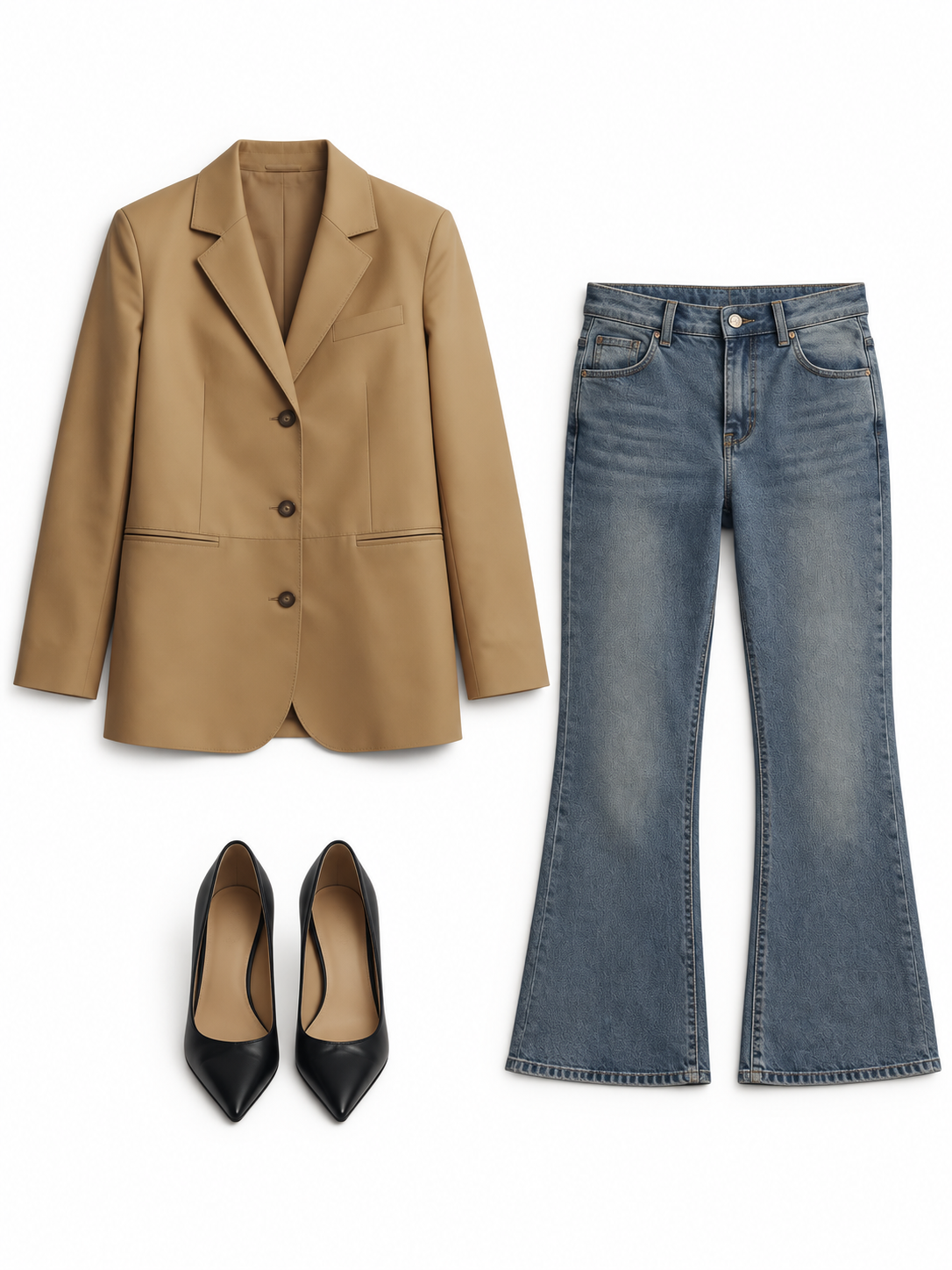 Camel blazer and relaxed blue jeans