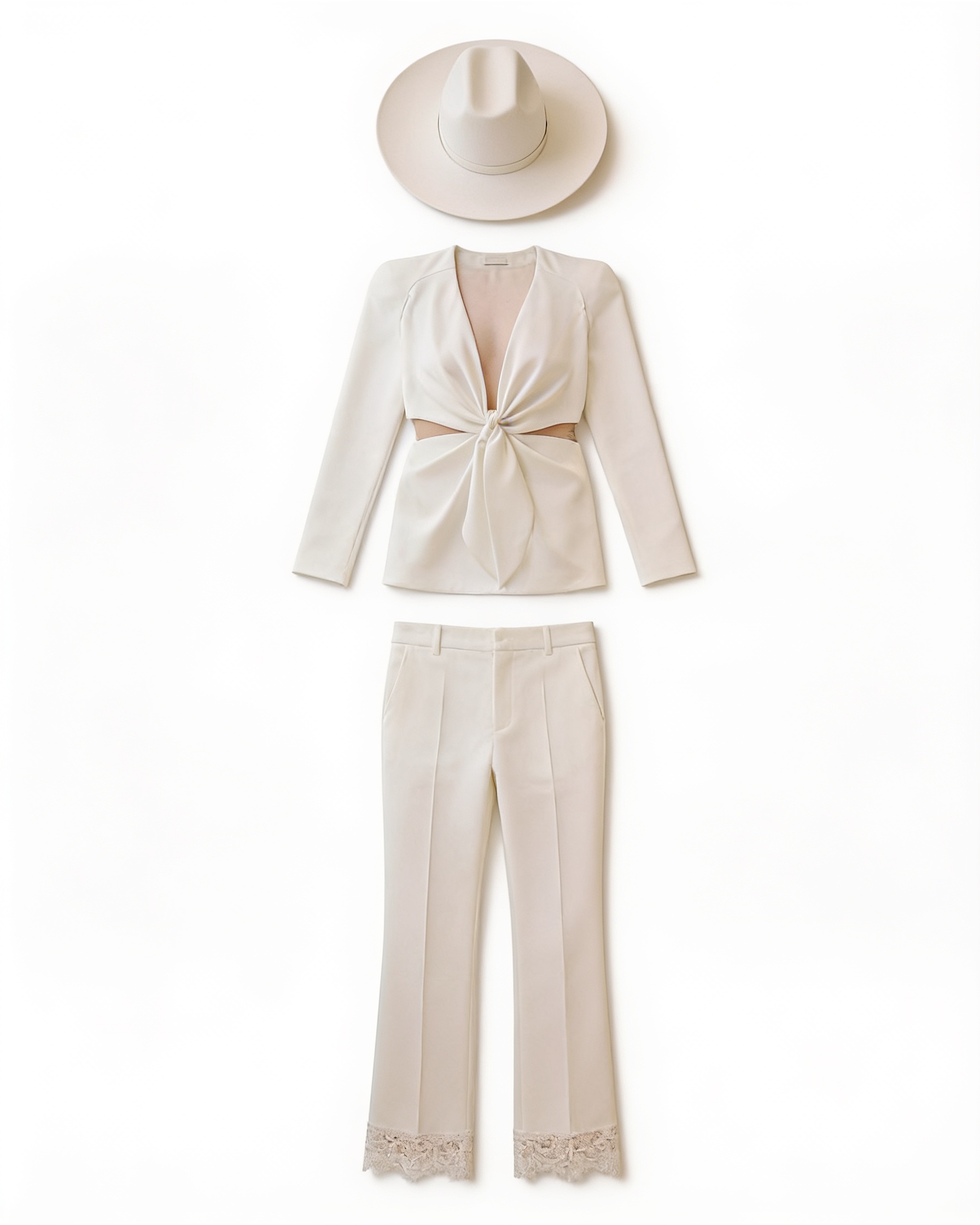 Ivory twist-front blazer and wide-leg trousers