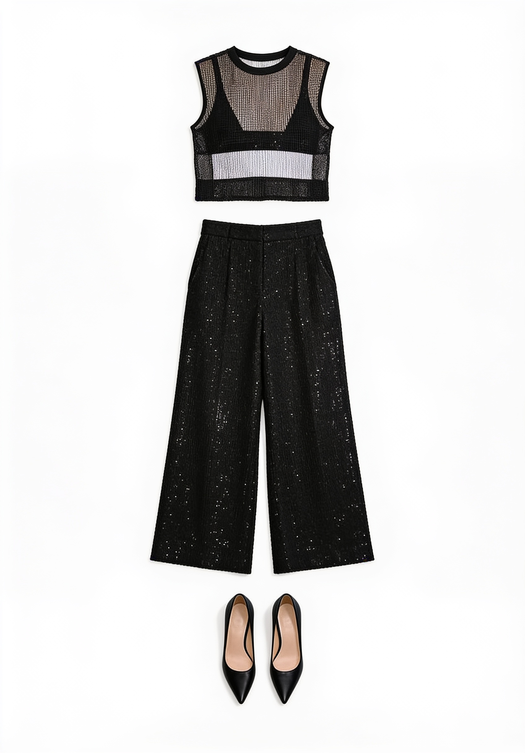 Black sheer-panel top and wide-leg trousers