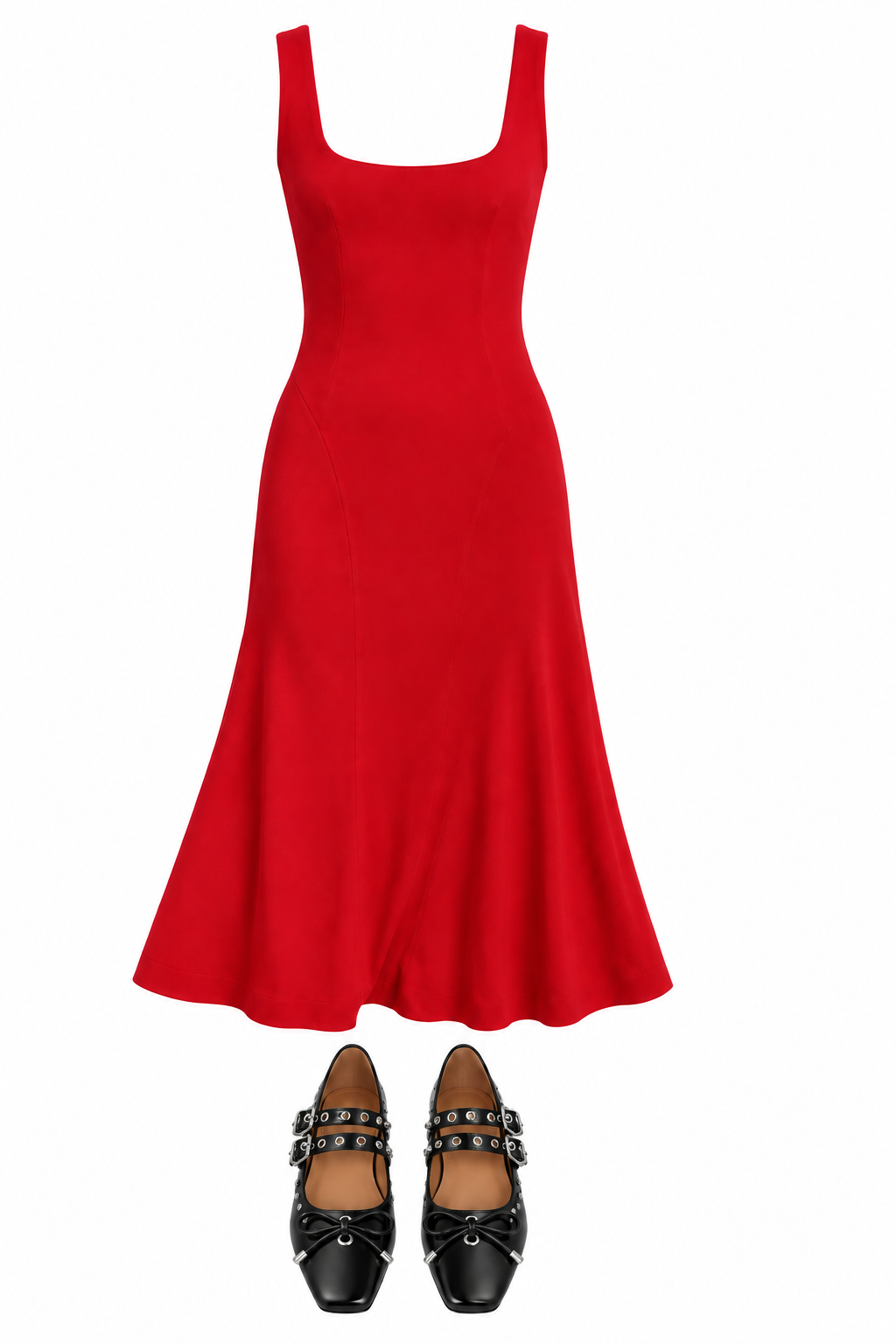 Red scoop-neck midi dress and buckle flats
