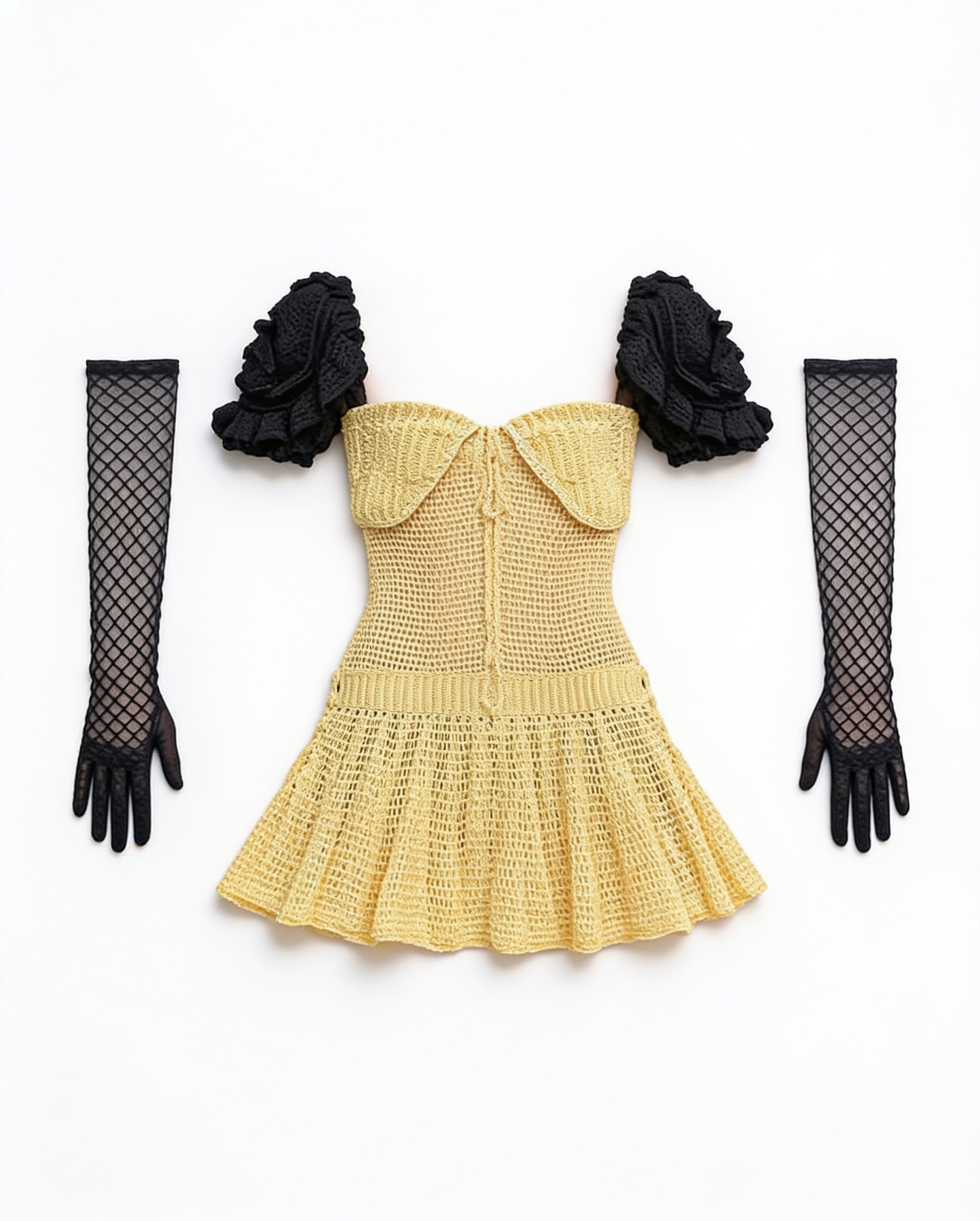 Yellow textured mini dress and black shrug