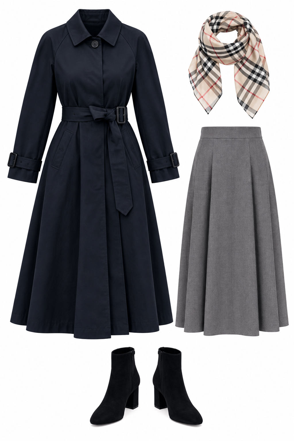 Navy belted trench coat and grey midi skirt