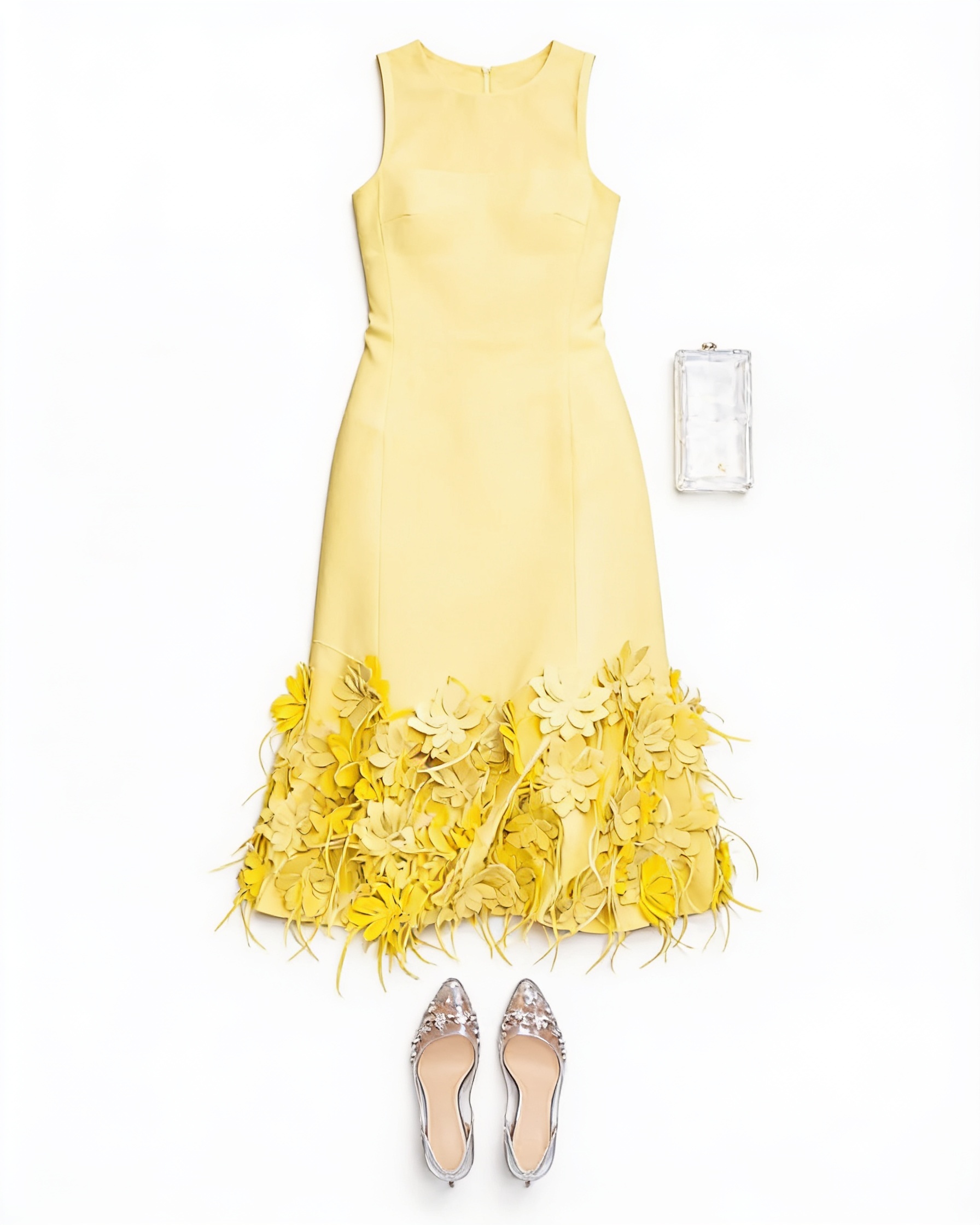 Yellow sleeveless floral-hem mini dress