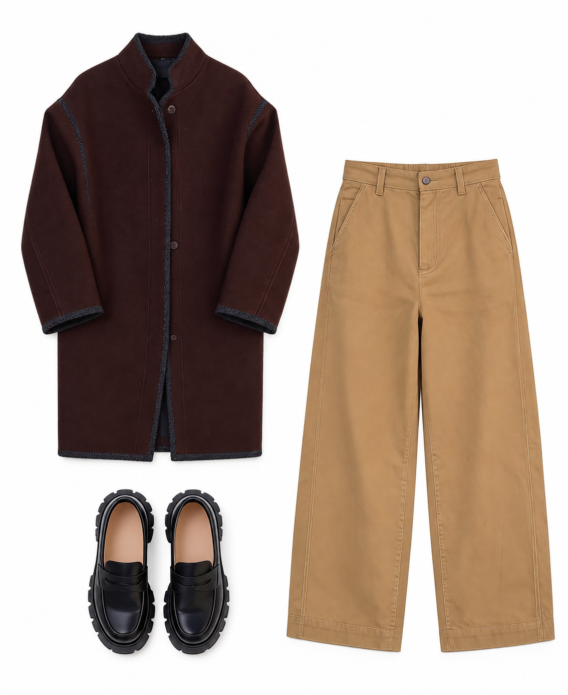 Chocolate jacket and tan trousers