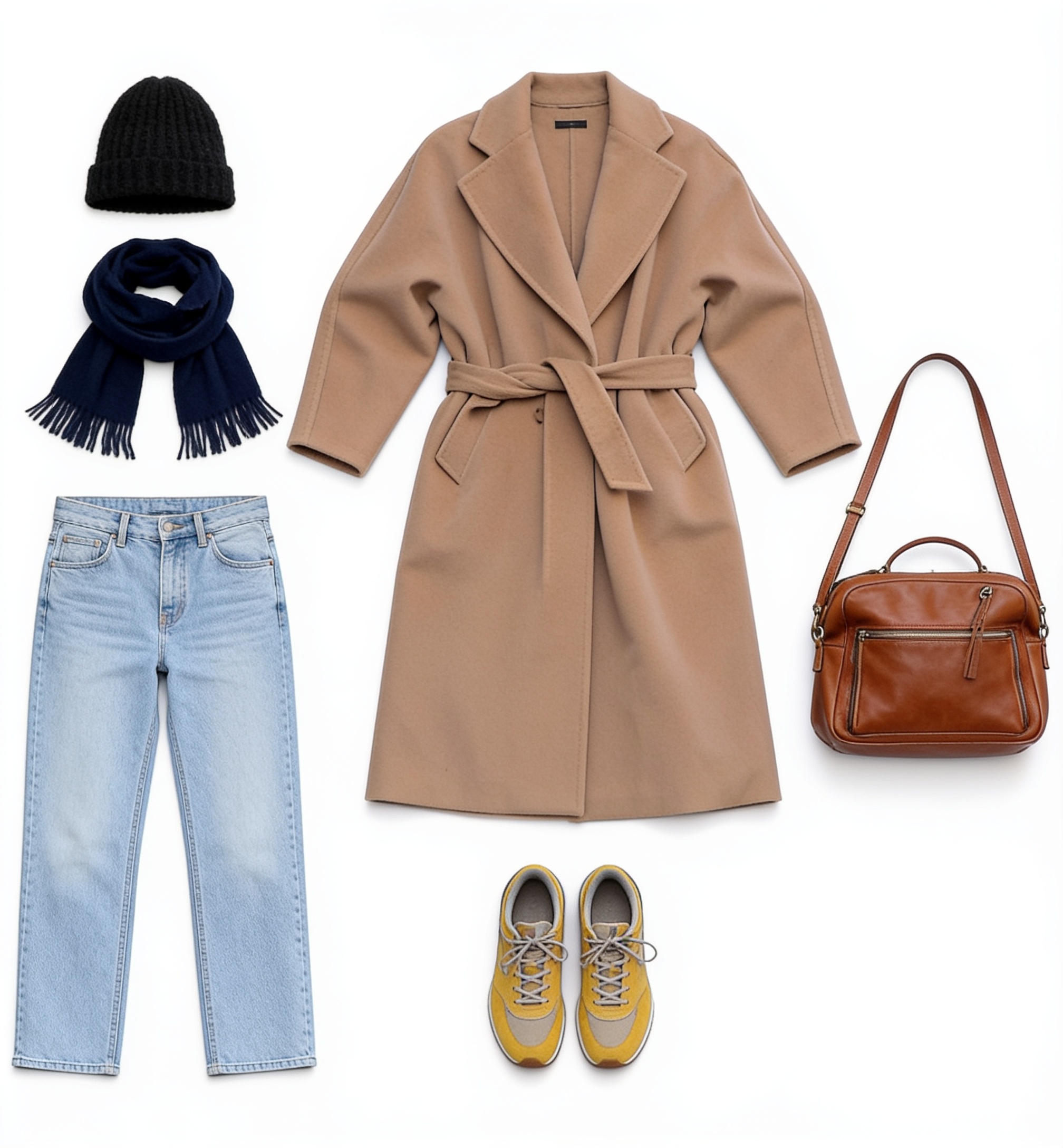 Camel wrap coat, pale jeans and yellow trainers