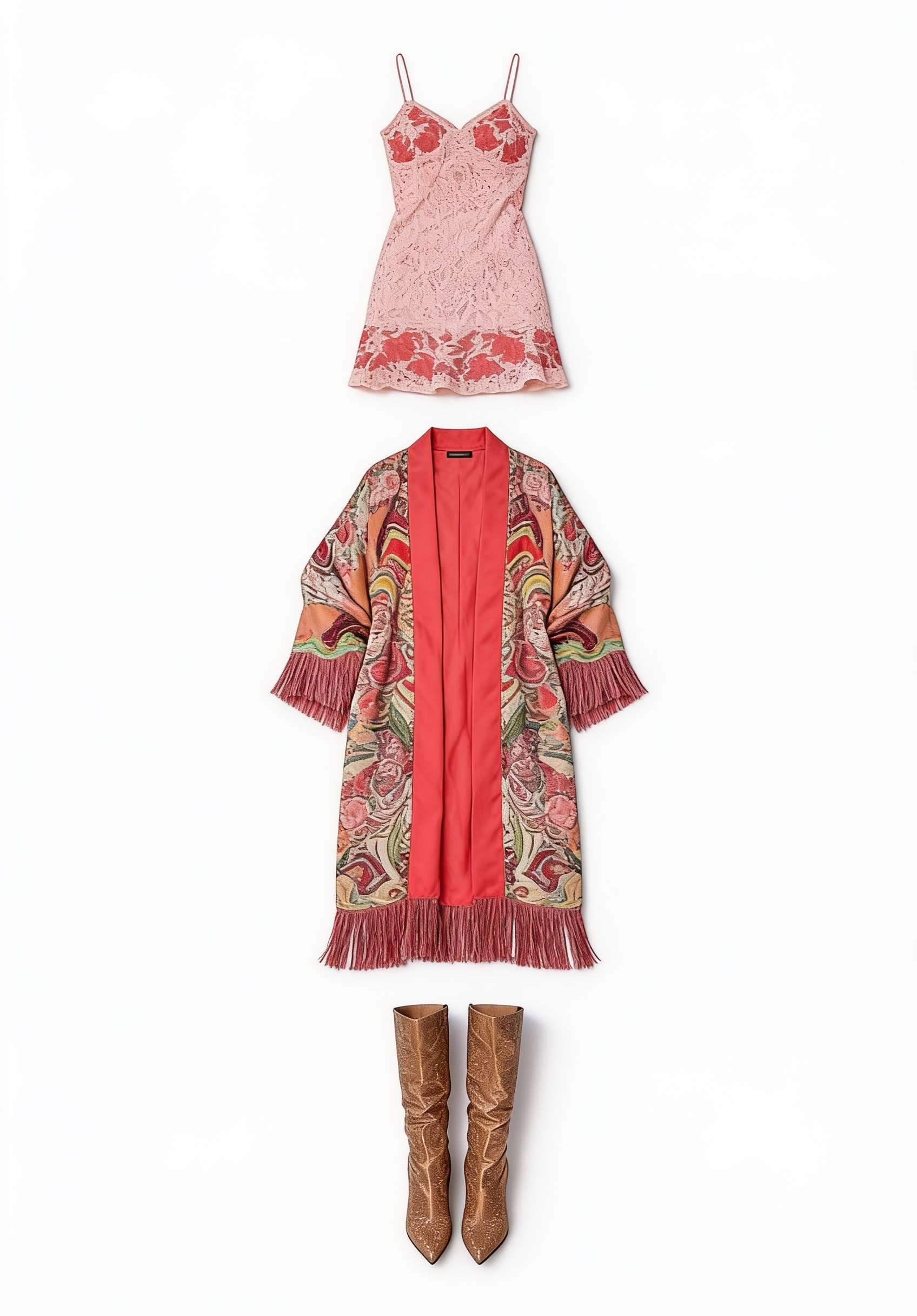 Pink embellished mini dress and printed long coat