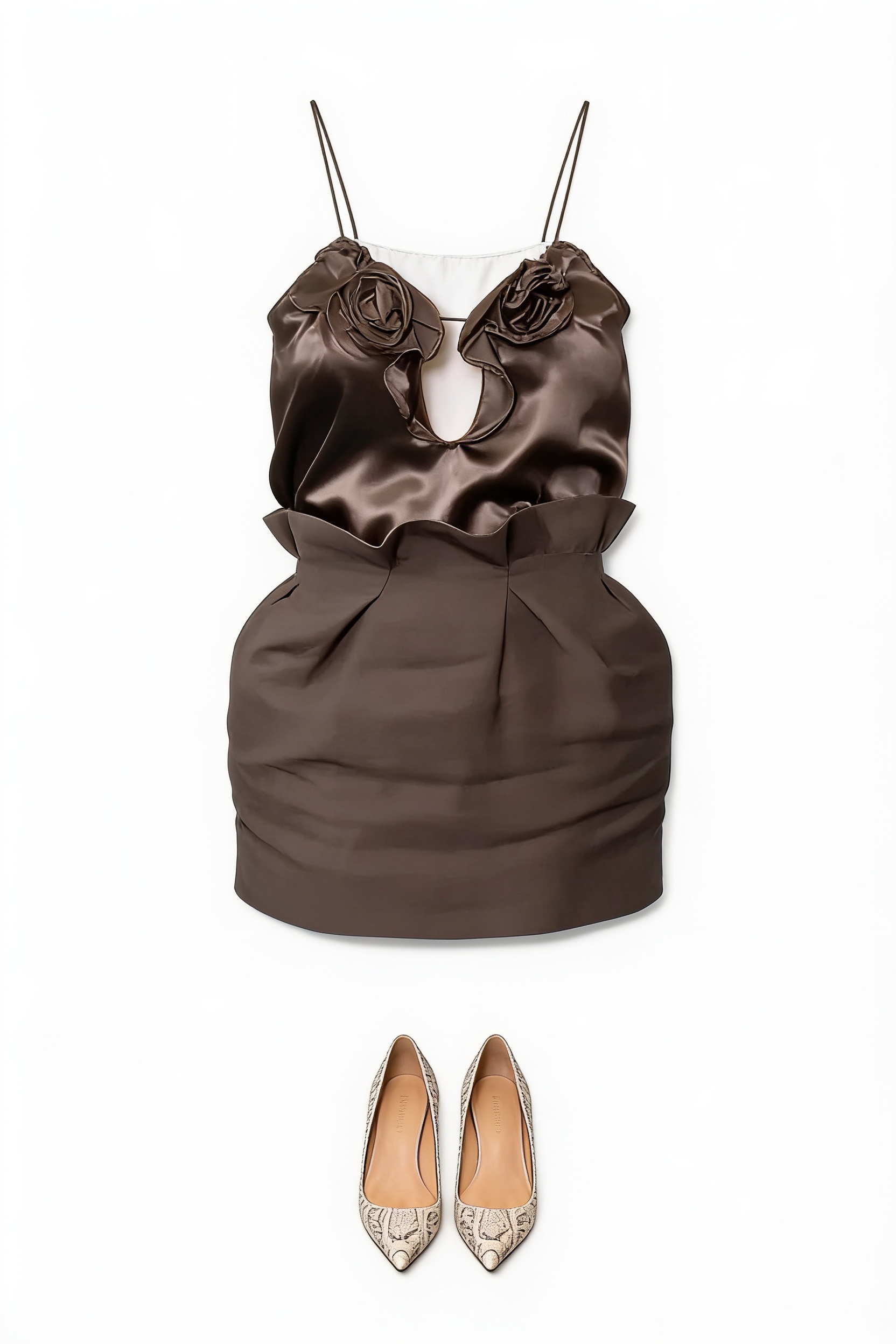 Chocolate ruched mini dress and pointed pumps