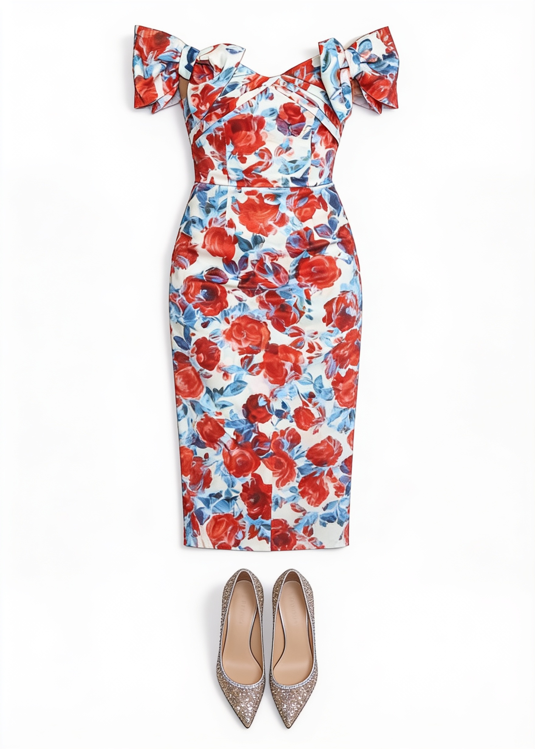 Red and blue floral midi dress