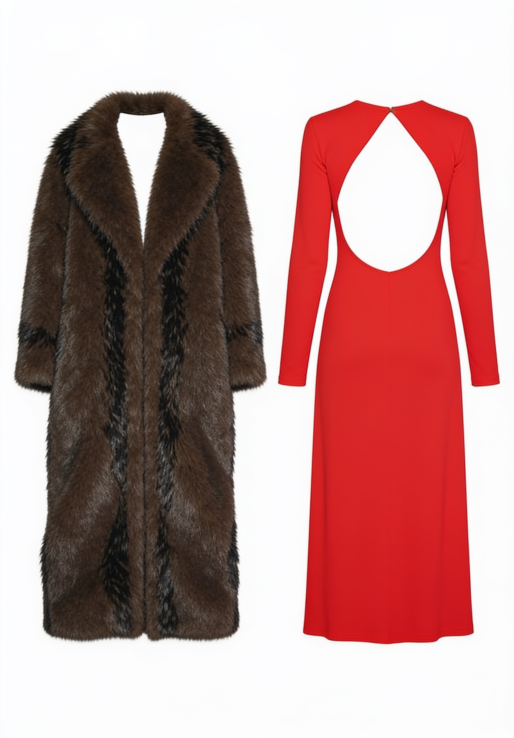 Red gown and oversized dark brown coat