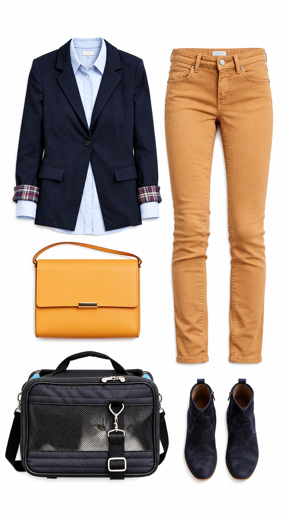 Navy blazer and tan trousers