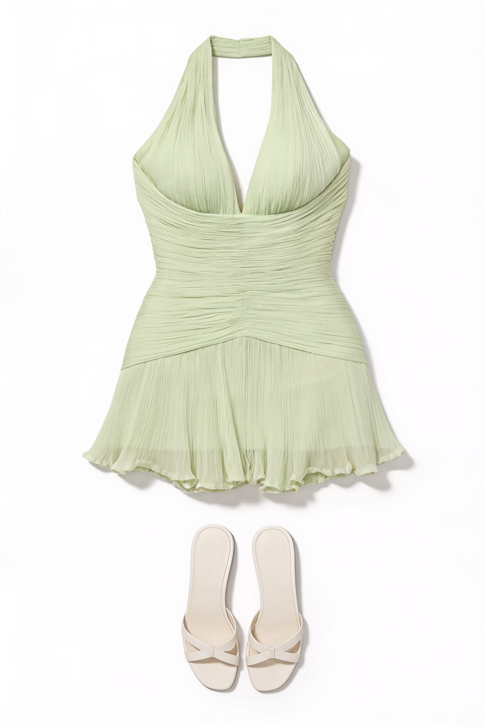 Pale green ruched halter mini dress