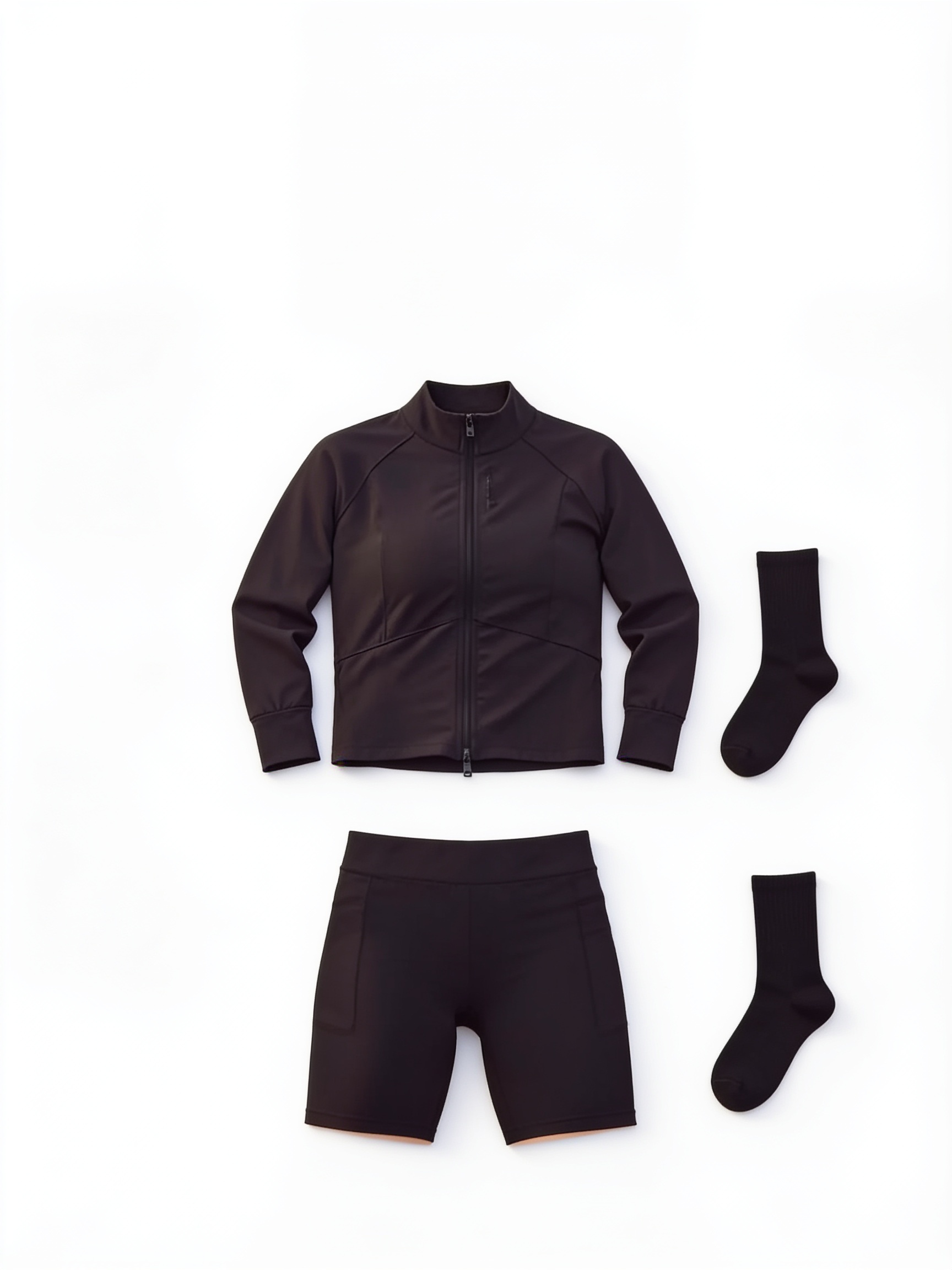 Black long-sleeve sports top and cycling shorts