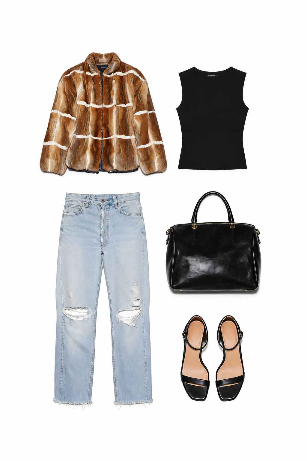 Brown checked fur jacket and faded jeans