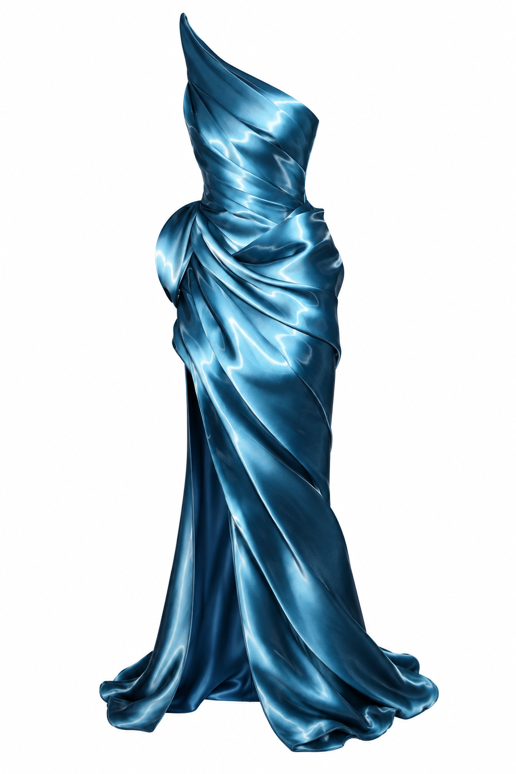 Metallic blue one-shoulder draped gown