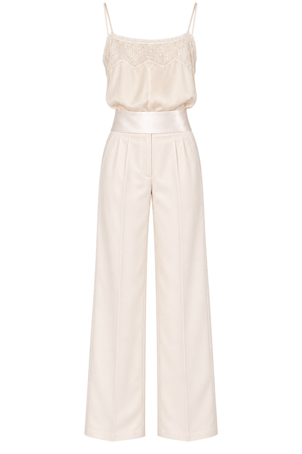 Ivory lace-trim camisole and satin trousers