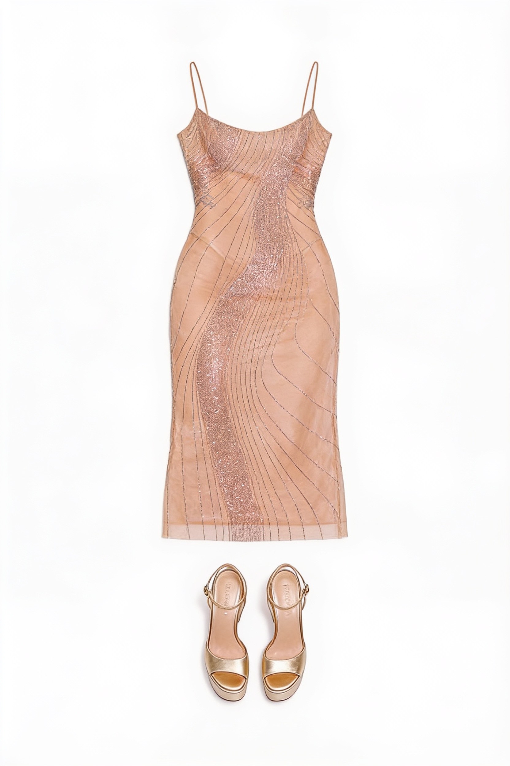 Sheer champagne beaded dress and strappy heels