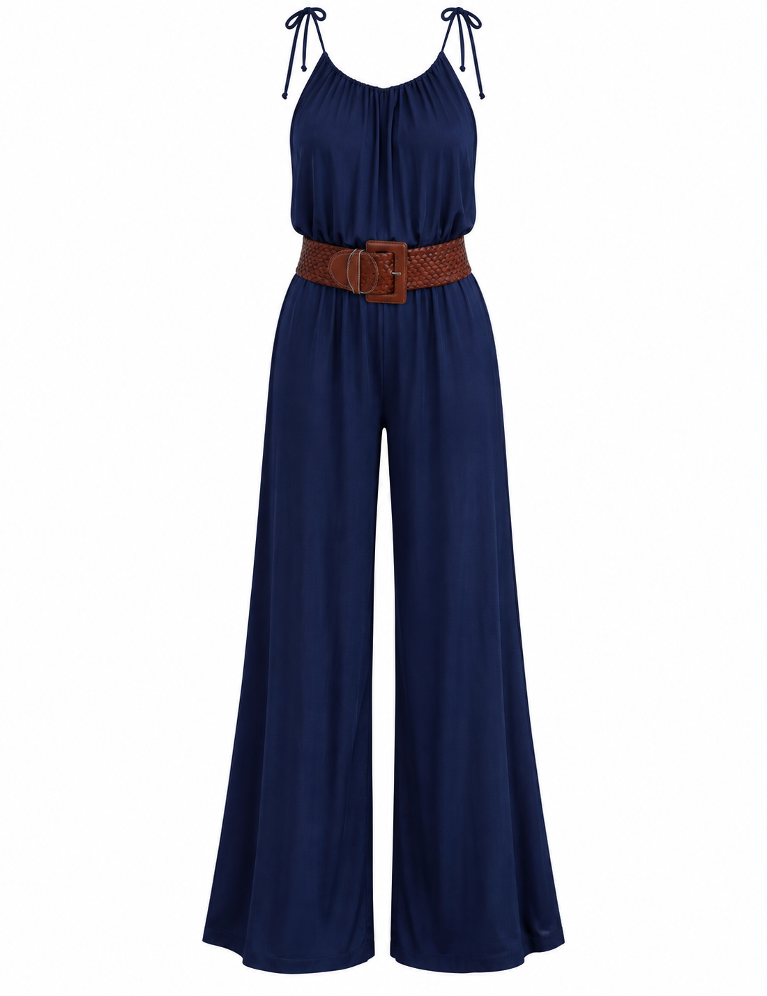 Navy halter jumpsuit and braided belt