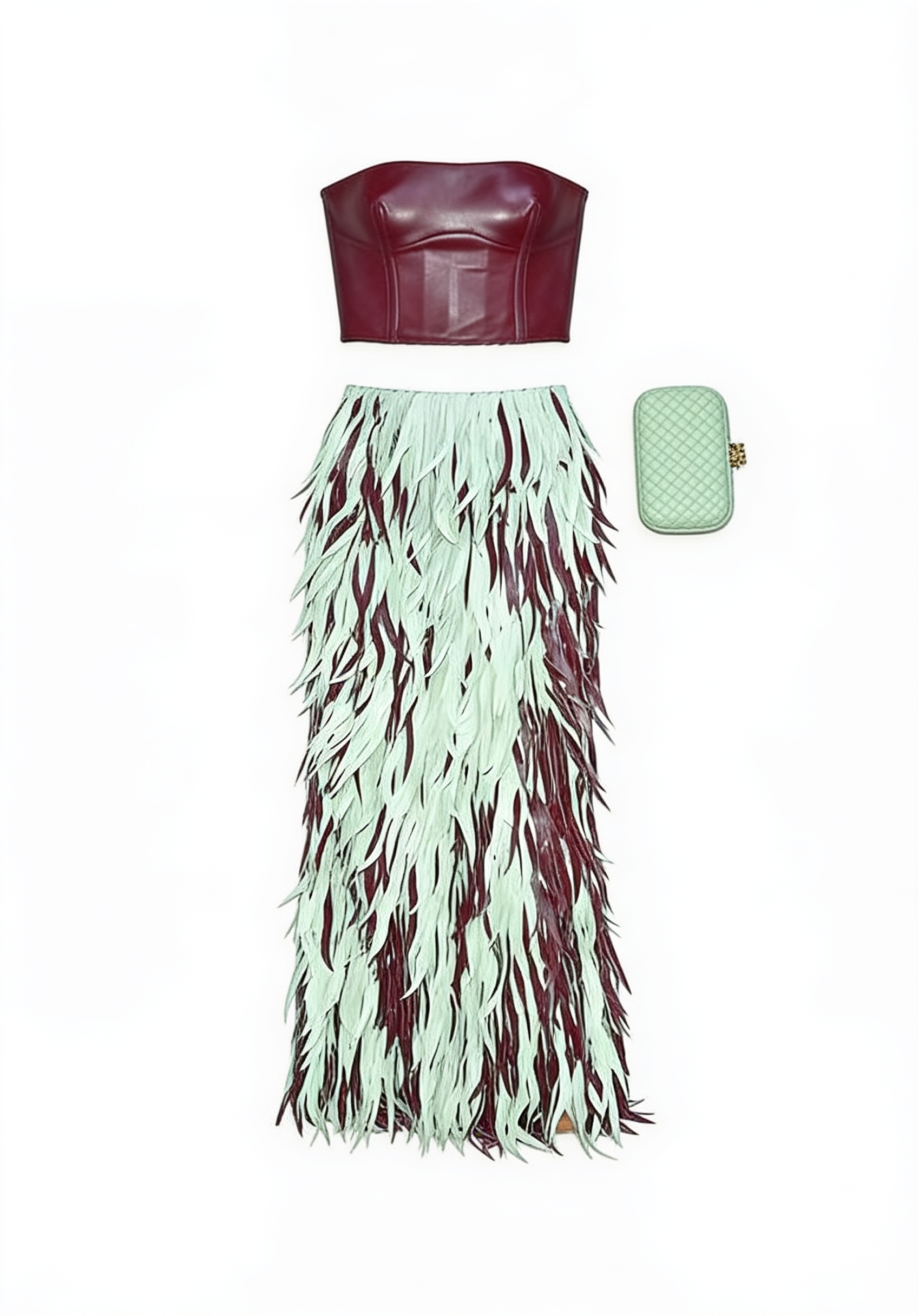 Burgundy leather bandeau and mint fringed skirt